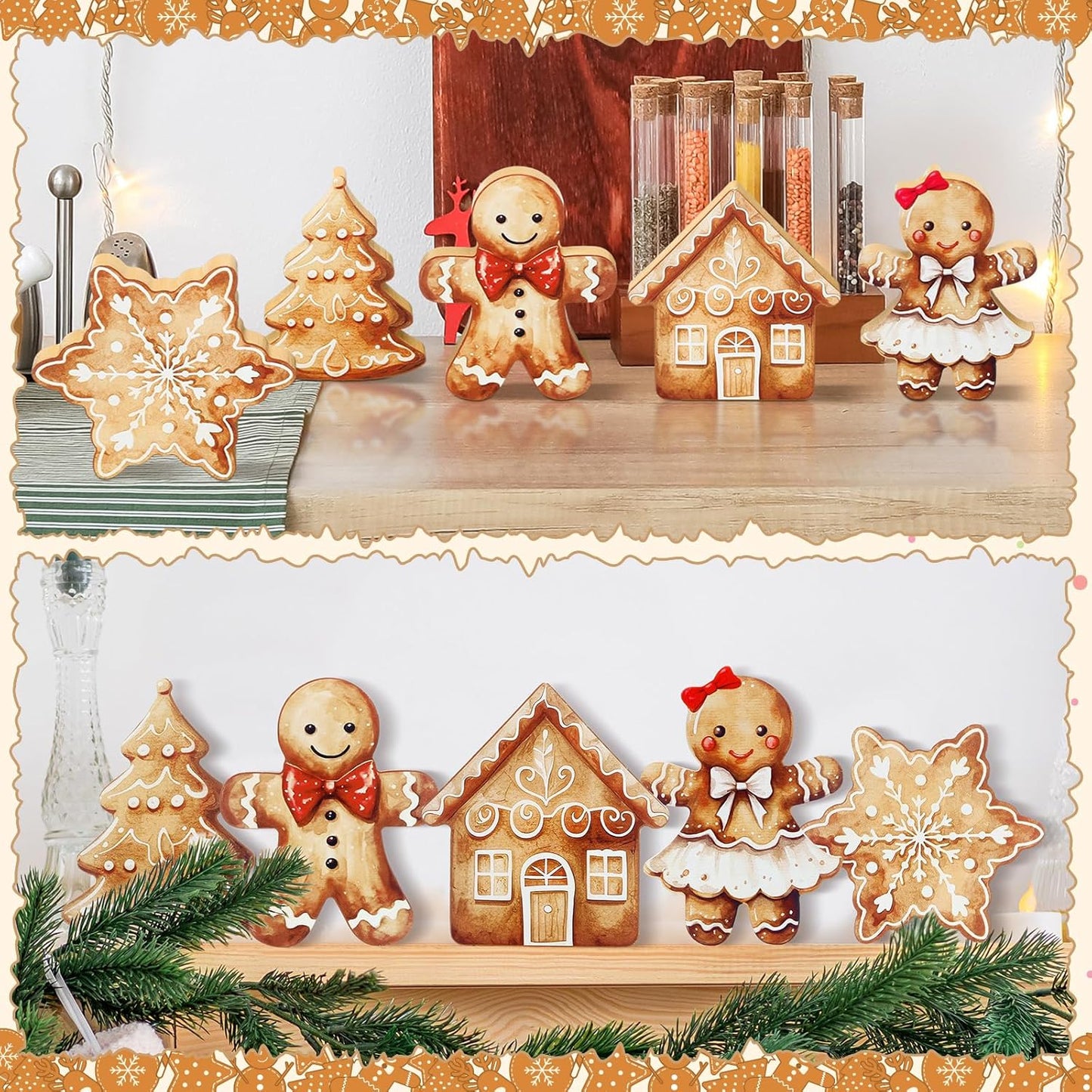 Threehoney Gingerbread Christmas Decorations - 5 Pcs Cute Wooden Table Centerpieces for Home & Office