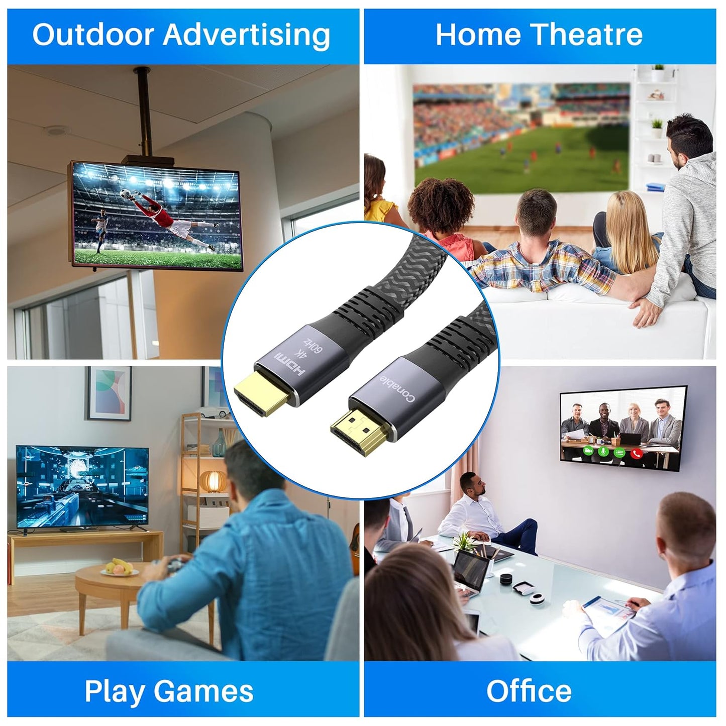 25 4K 4K@60Hz 2160p 1080p 2.2 3D 25 2 25FT Flat HDMI Cable Feet, HDMI High Speed Braided Cord, Pure Copper, Supports