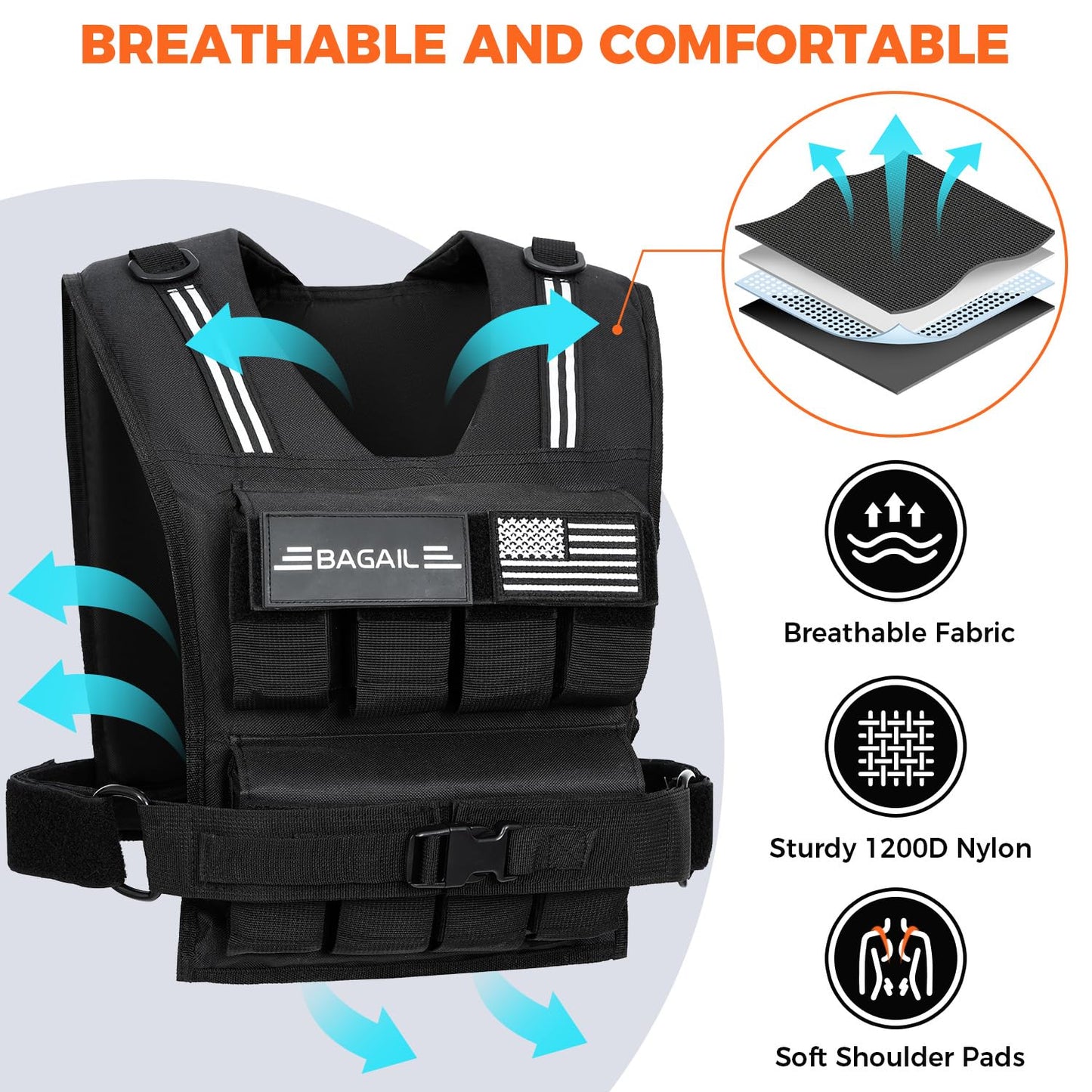 BAGAIL Weighted Vest Men, 20lbs/30lbs/40lbs Adjustable Weighted Vest for Woman with Removable Iron Weights, Women’s Weight Vest for Walking, Rucking, Running, Strength training - 40lb