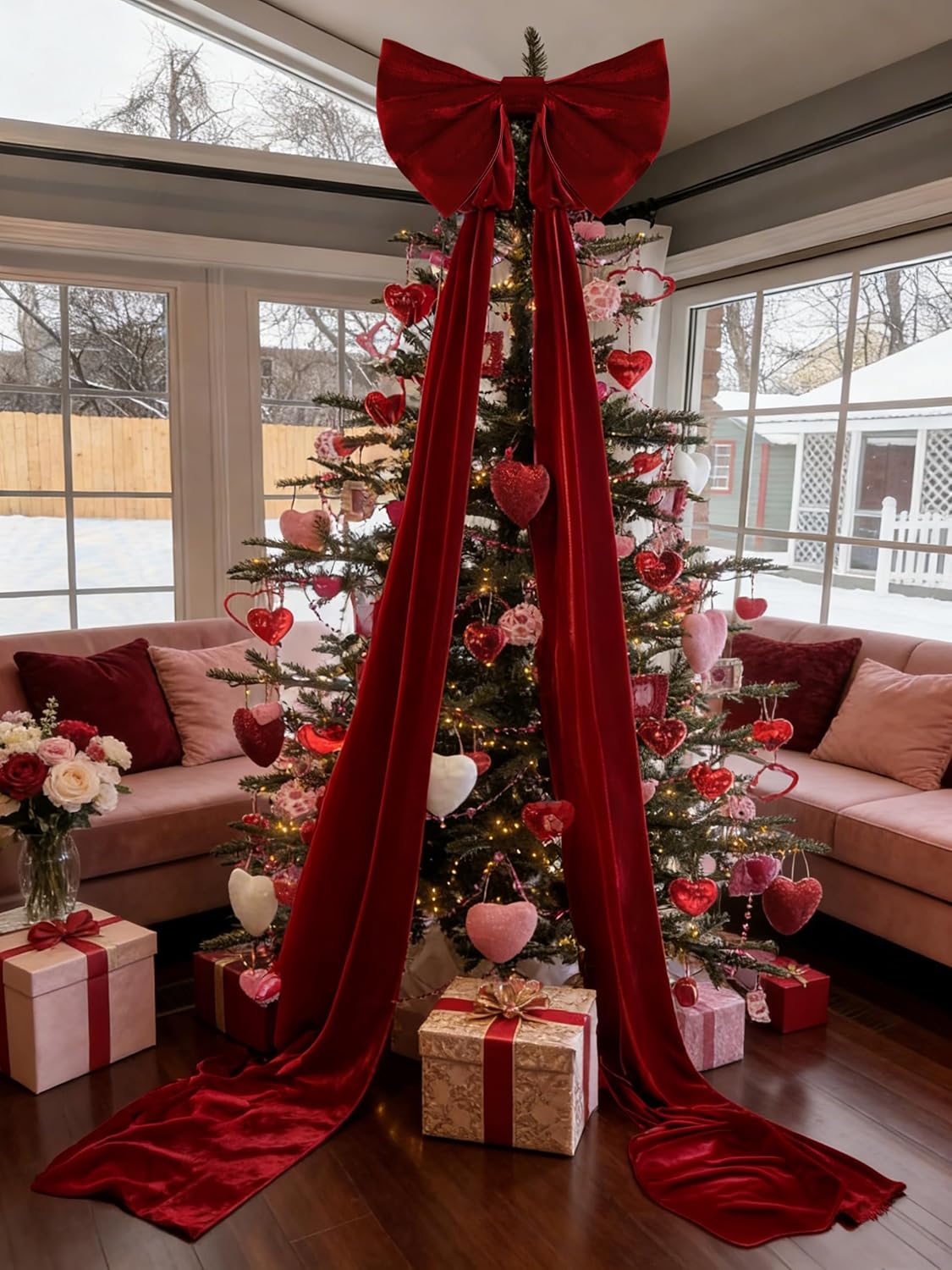 UQJE Giant 3D Velvet Ribbon Bows - Red Big Bow Valentine's Day Decorations | Tree Topper Decor 32 x 250