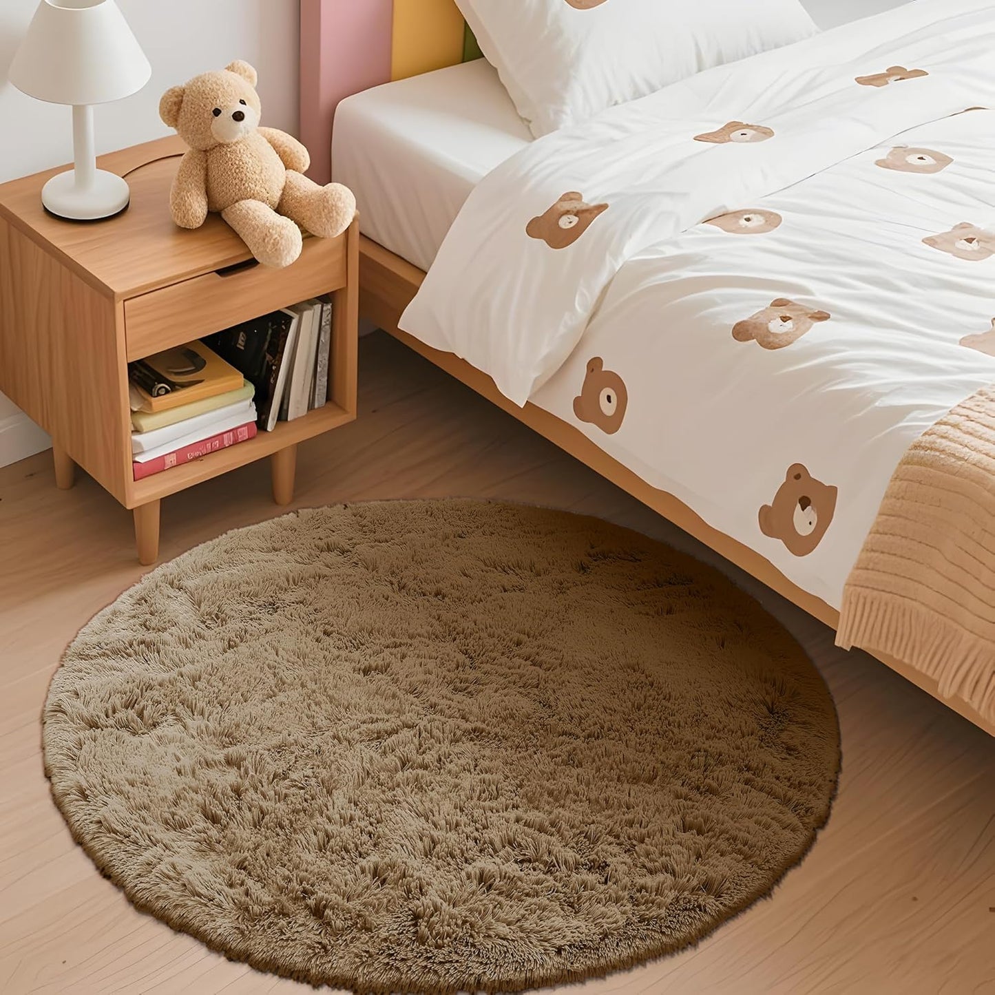 OLANLY Round Taupe Area Rug - Soft, Fluffy, Machine Washable 3 ft Circle Carpet for Bedroom & Nursery Decor