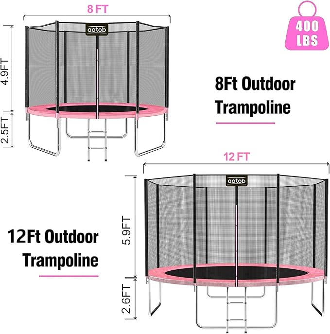 AOTOB 8FT 10FT 12FT 14 FT 15FT Trampoline with Safety Enclosure Net，Outdoor Trampoline with Basketball Hoop, Heavy Duty Jumping Mat and Spring Cover Padding for Kids and Adults, Storage Bag and Ladder