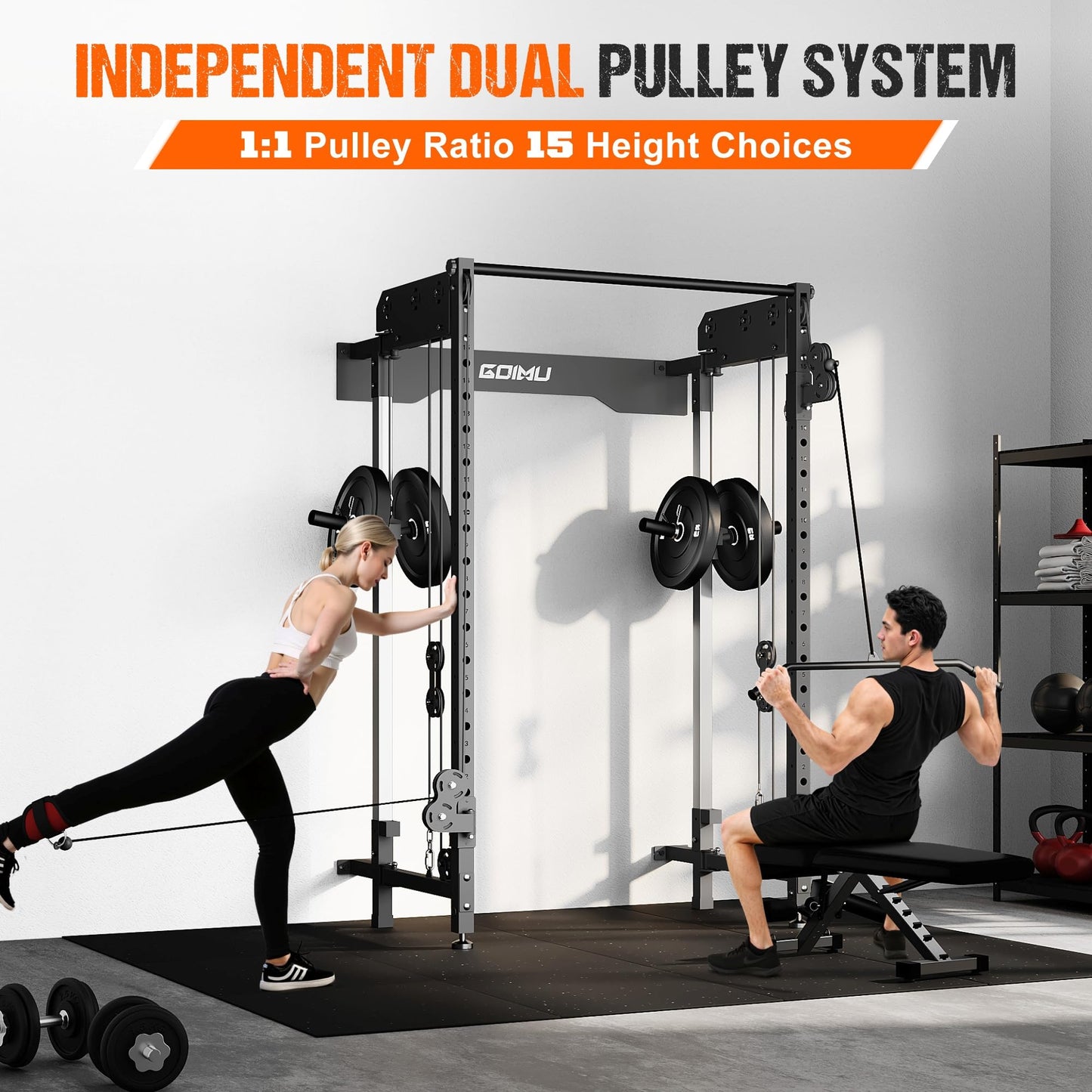 GOIMU WM3-V4 Folding Squat Rack, Wall Mounted Power Rack with Dual Independent Pulley System, Functional Trainer with 5 Adjustable Function Modes for Space Saving (WM3 Folding Cage Black)
