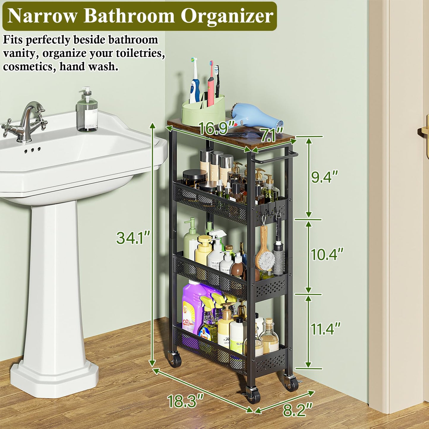 OKZEST Utility Slim Storage Cart, 4 Tier Small Rolling Kitchen Laundry Room Cart with Wood Top, Metal Narrow Bathroom Storage Cabinet Mobile Shelf Unit Organizer Trolley with Handle for Narrow Space