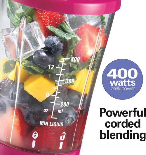 Hamilton Beach Portable Blender - 14 Oz BPA-Free Travel Cup & Lid | Durable Stainless Steel Blades for Smoothies & Shakes