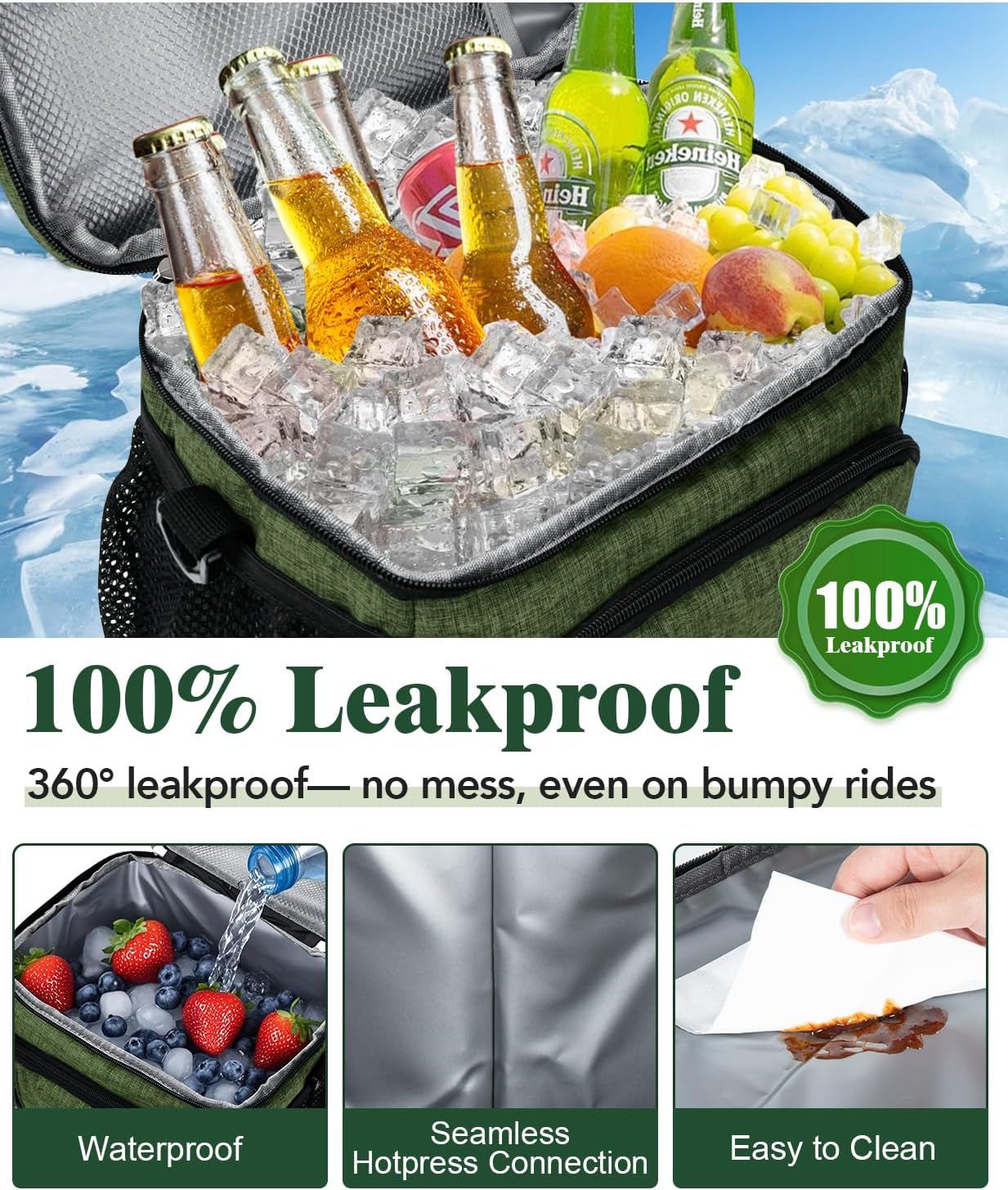 Skiennix Insulated Lunch Bag - 9L Leakproof Soft Cooler Tote with 5 Pockets | Adjustable Strap - Green