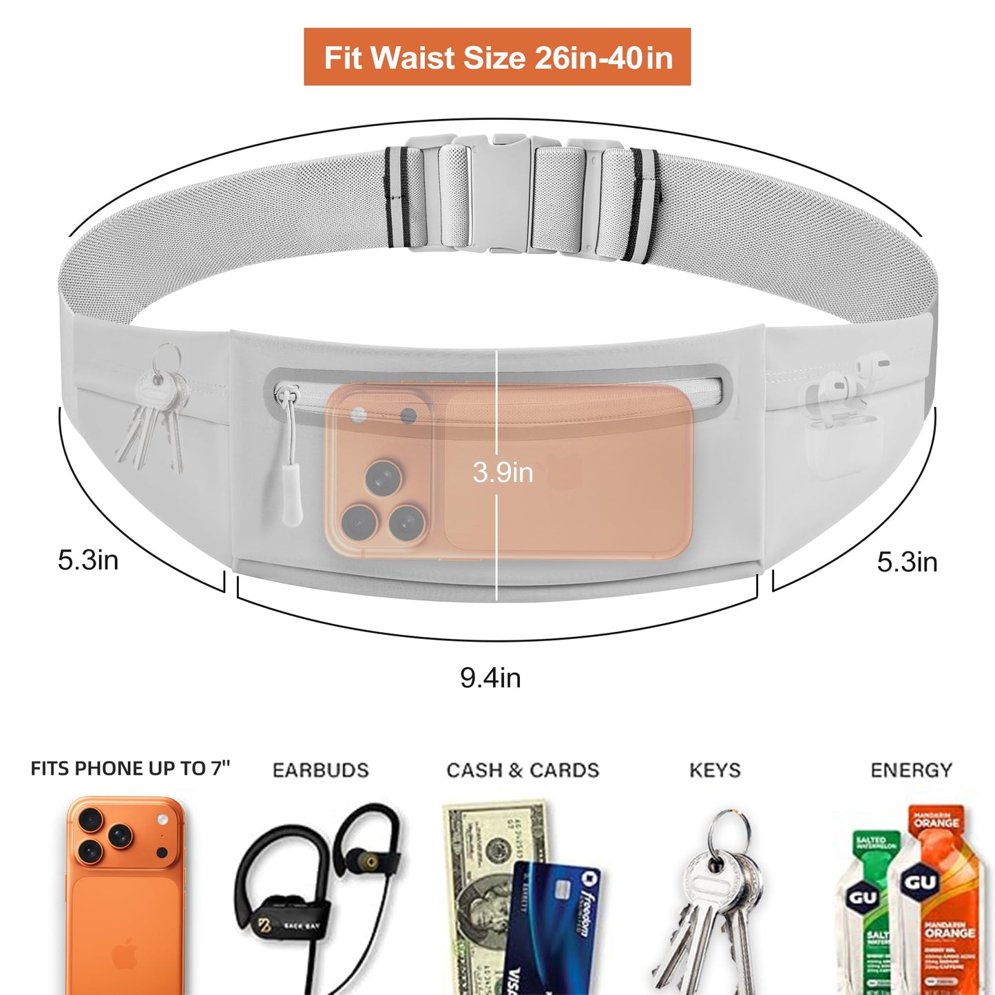 Slim Running Belt for Men Women - No-Bounce Phone Holder Waist Pack, Runners Fanny Pack with Sweat-Proof Pocket ，Travel Money Pouch for Gym/Hiking/Cycling (Light Gary)