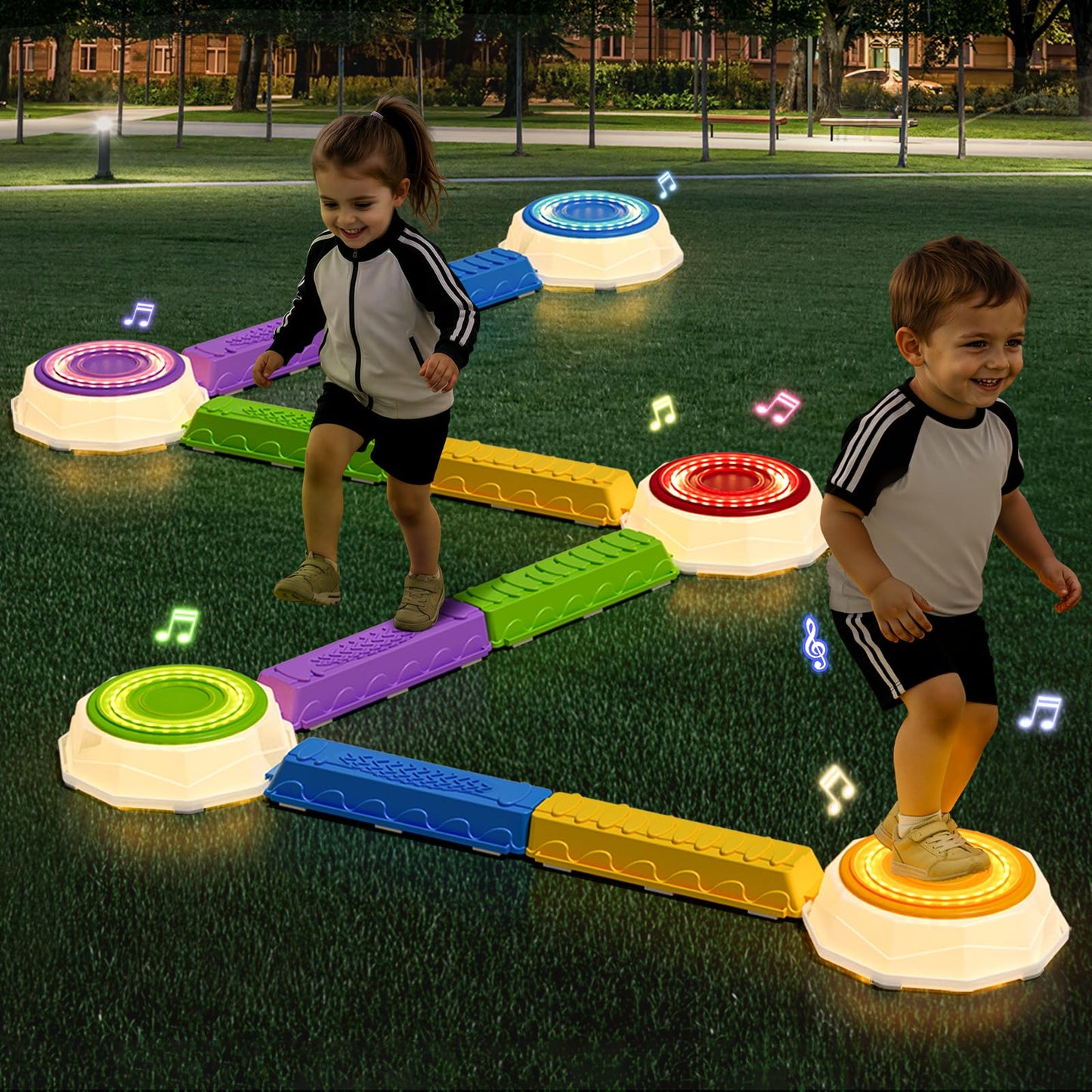 Wee Wonders Light Up Stepping Stones & Balance Beam for Kids, Step Stones with Piano Music, Game Spinner & 30 Cards, Non-Slip Sensory Obstacle Course Toys, Indoor Outdoor Gifts for Toddlers 3-5