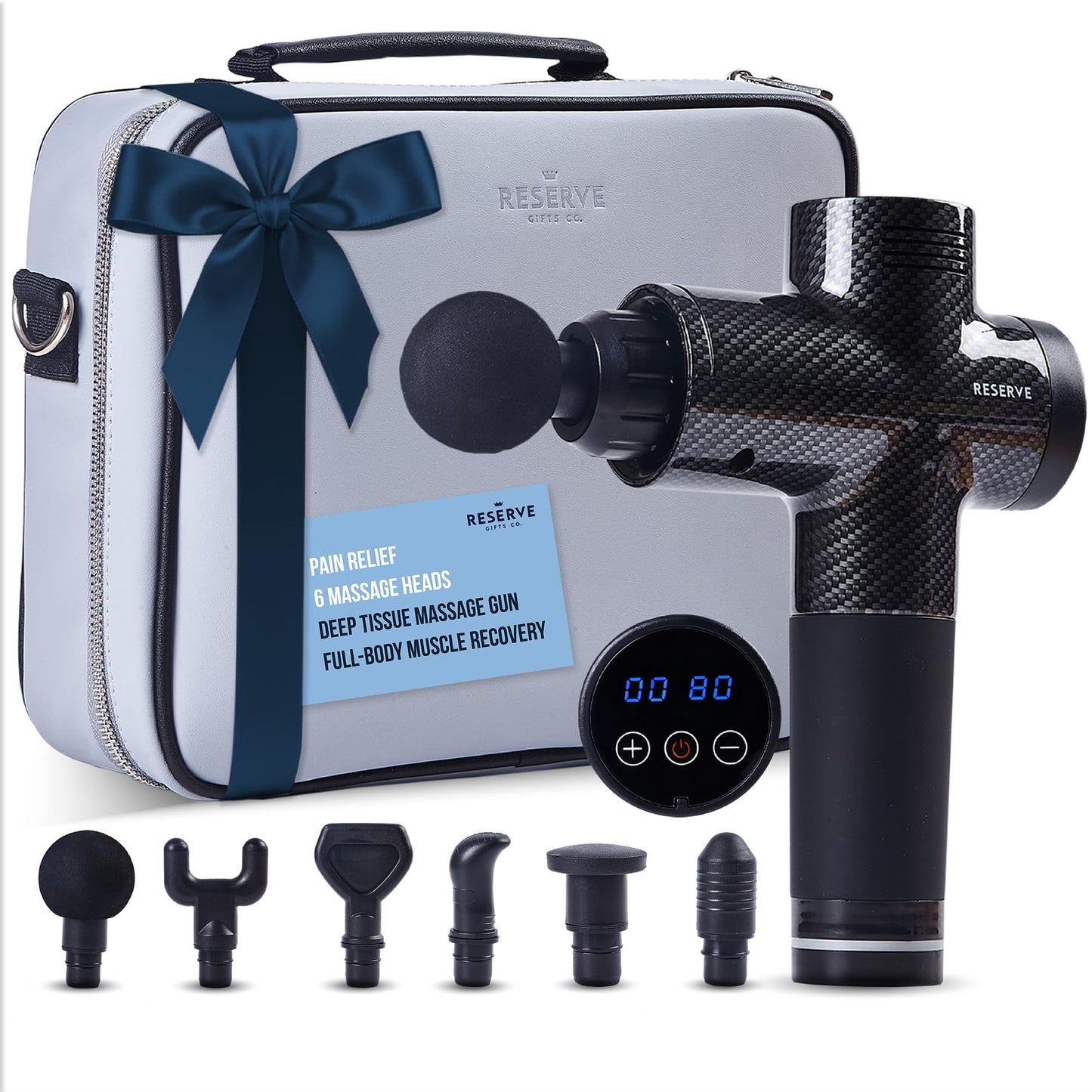 Reserve Gifts Co. Massage Gun Gift with Carrying Case - Deep Tissue Back Massager for Pain Relief with 6 Percussion Relaxation Heads - Silent Brushless Motor, for Wife, Mother, Dad, Husband (Black)