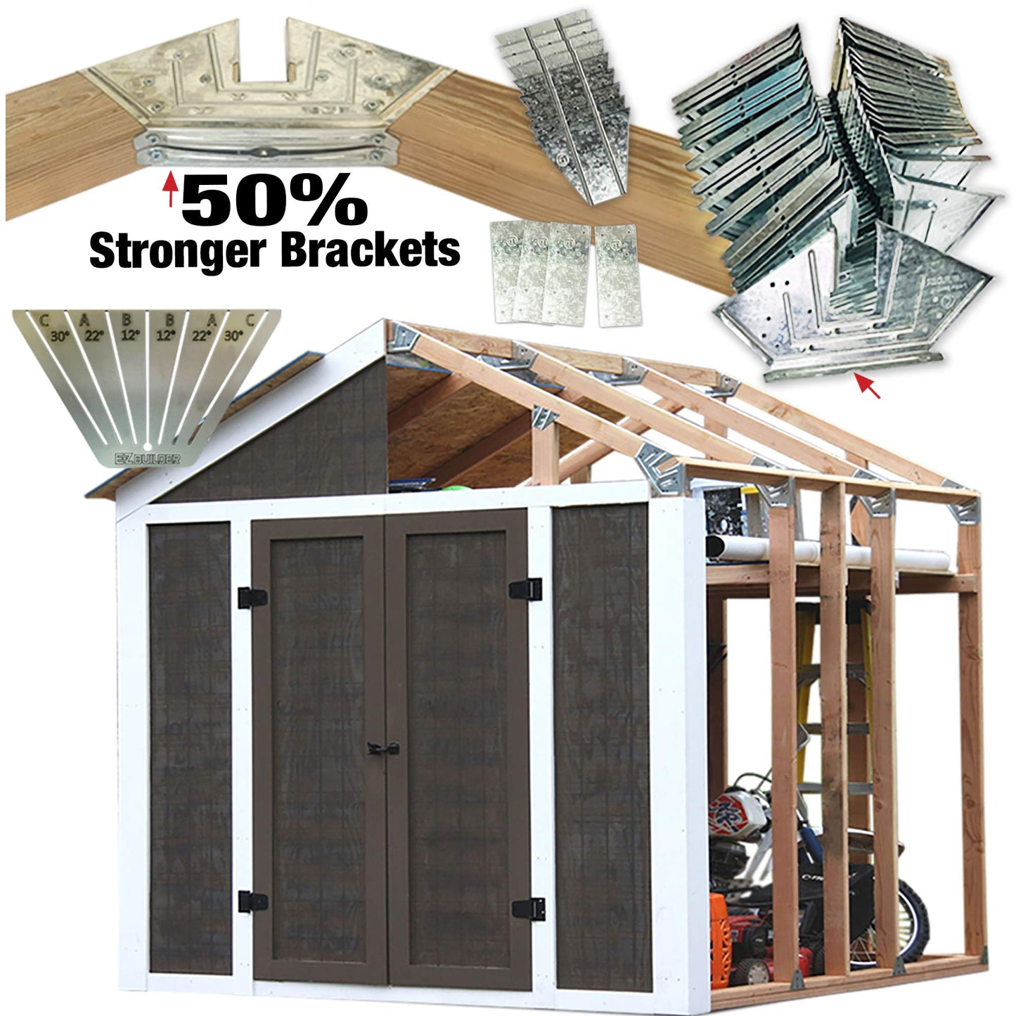 50% Structurally Stronger Truss Design Easy Shed Kit Builds 6'–14’ Widths Any Length - Bonus Miter Template, Storage Shed Garage Barn Playhouse Easy Framing Kit, Peak Roof 2x4 Basic DIY EZ Framer Kit