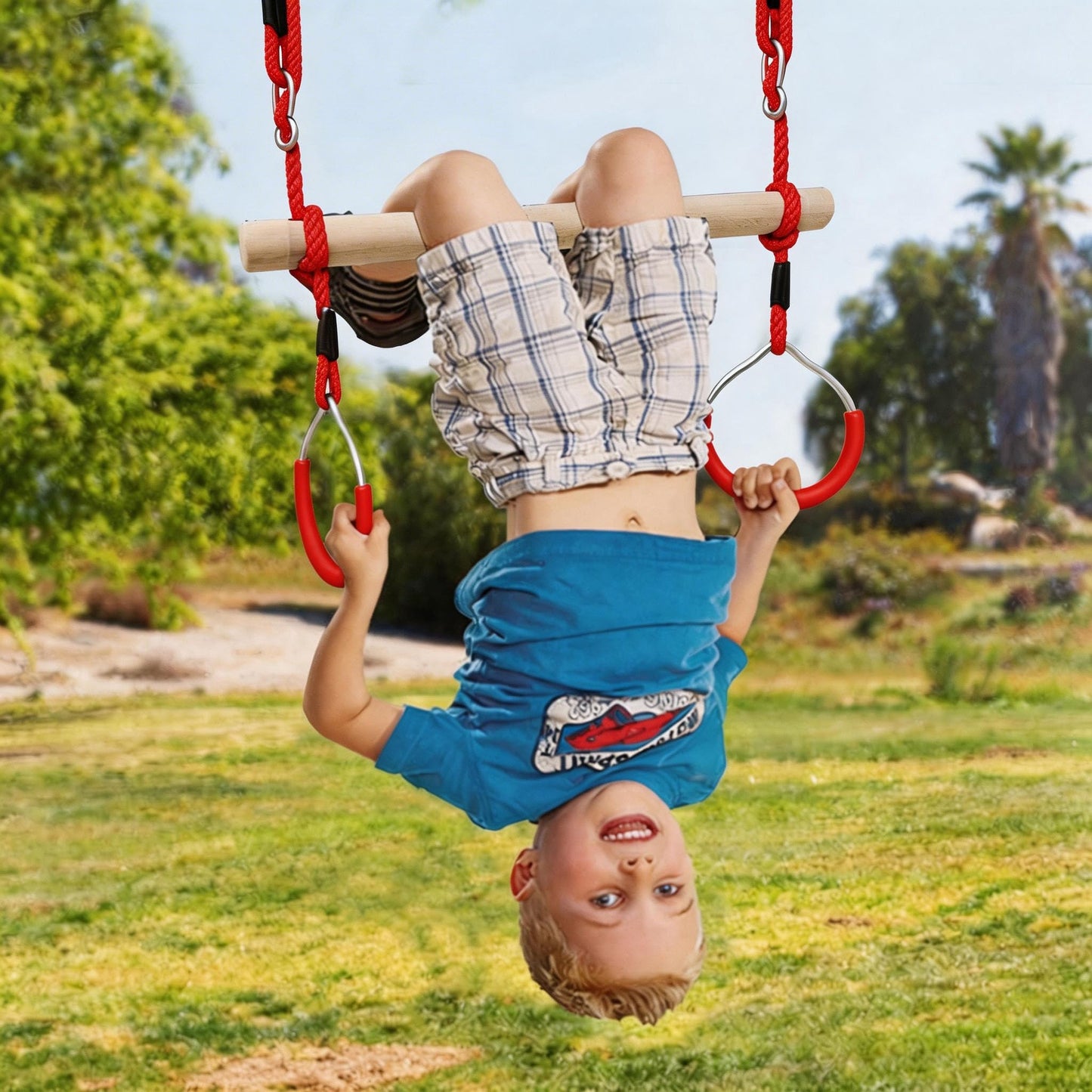 Nets Tribe Trapeze Swing Bar with Gymnastic Rings Warrior Accessories for Obstacle Course Monkey Bars for Indoor Outdoor Garden, Backyard, Playground, Playroom, Red, Wood
