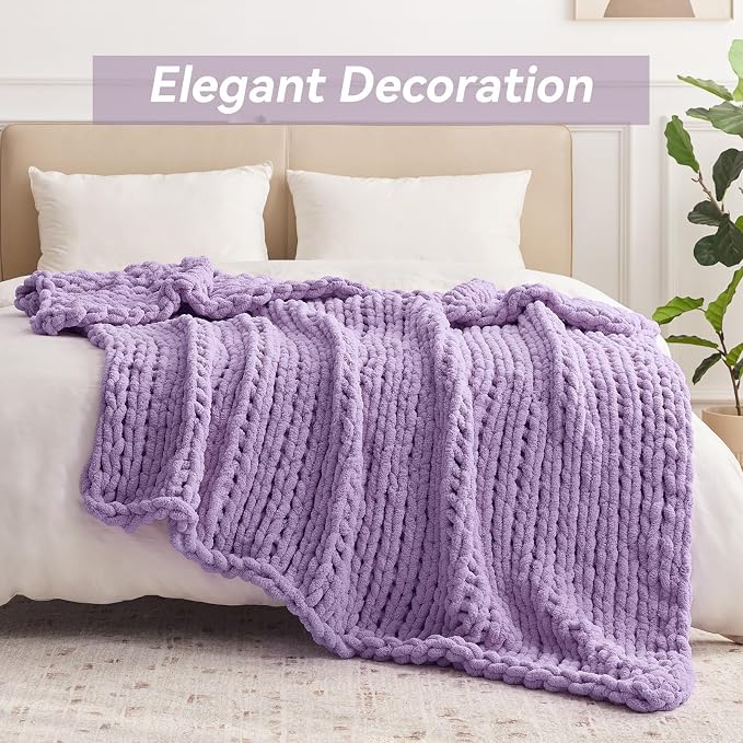 Negwoo Chunky Knit Throw Blanket, 40''*50'' Knitted Throw Chenille Yarn for Bed Couch, Handmade Light Purple Crochet Big Thick Blanket, Machine Washable Cute Comfy Blanket for Home Decor