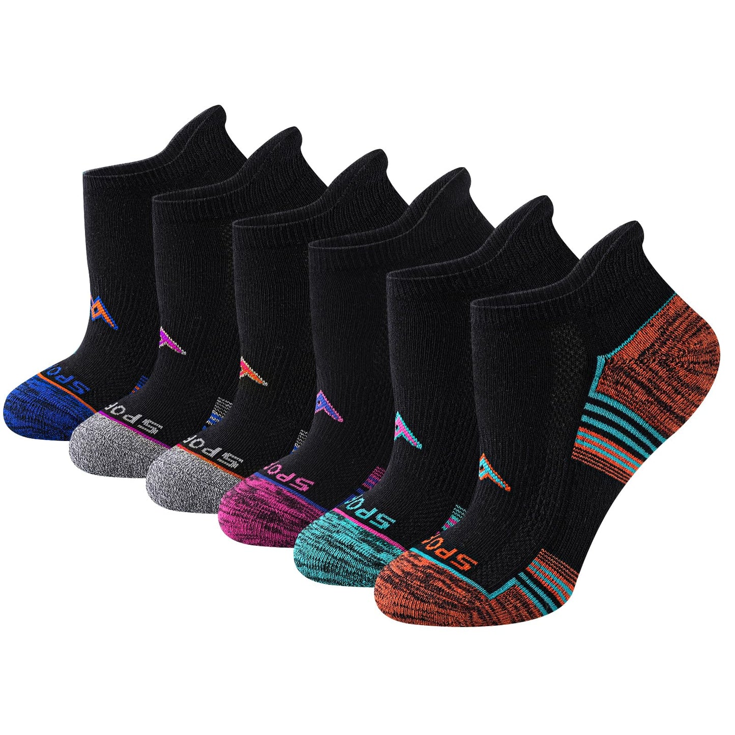 SukModen Women's Performance Athletic Socks 6/12 Pairs, Cotton Ankle Socks with Heel Tab & Cushioned Sole for Running, Gym, Fitness, Multi-Color on Black, 6 Pairs, S