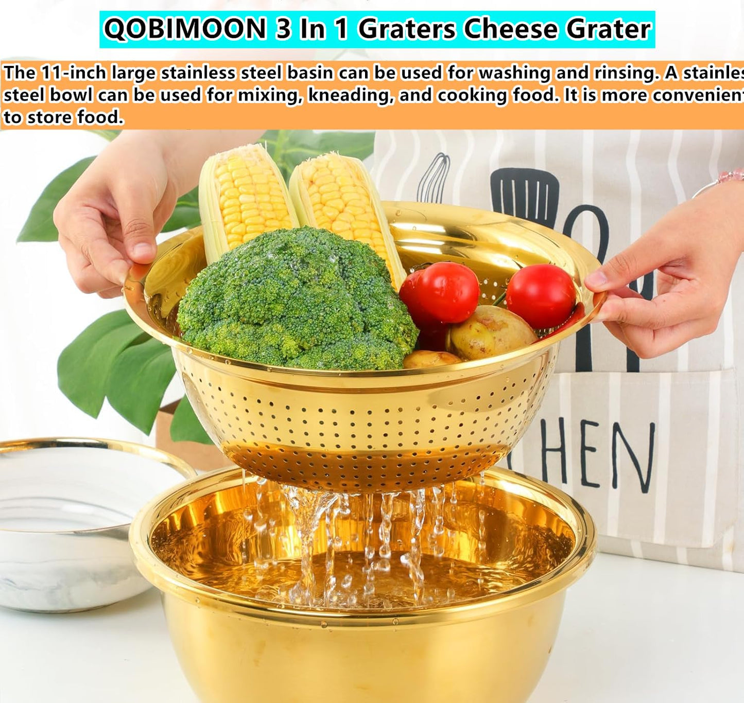 QOBIMOON 3PC/Set Colander set Stainless Steel Vegetable Slicer Fruit Potato Peeler Carrot Grater Strainer Utensil Round Rice Washer Bowl Drain Basket-Gold