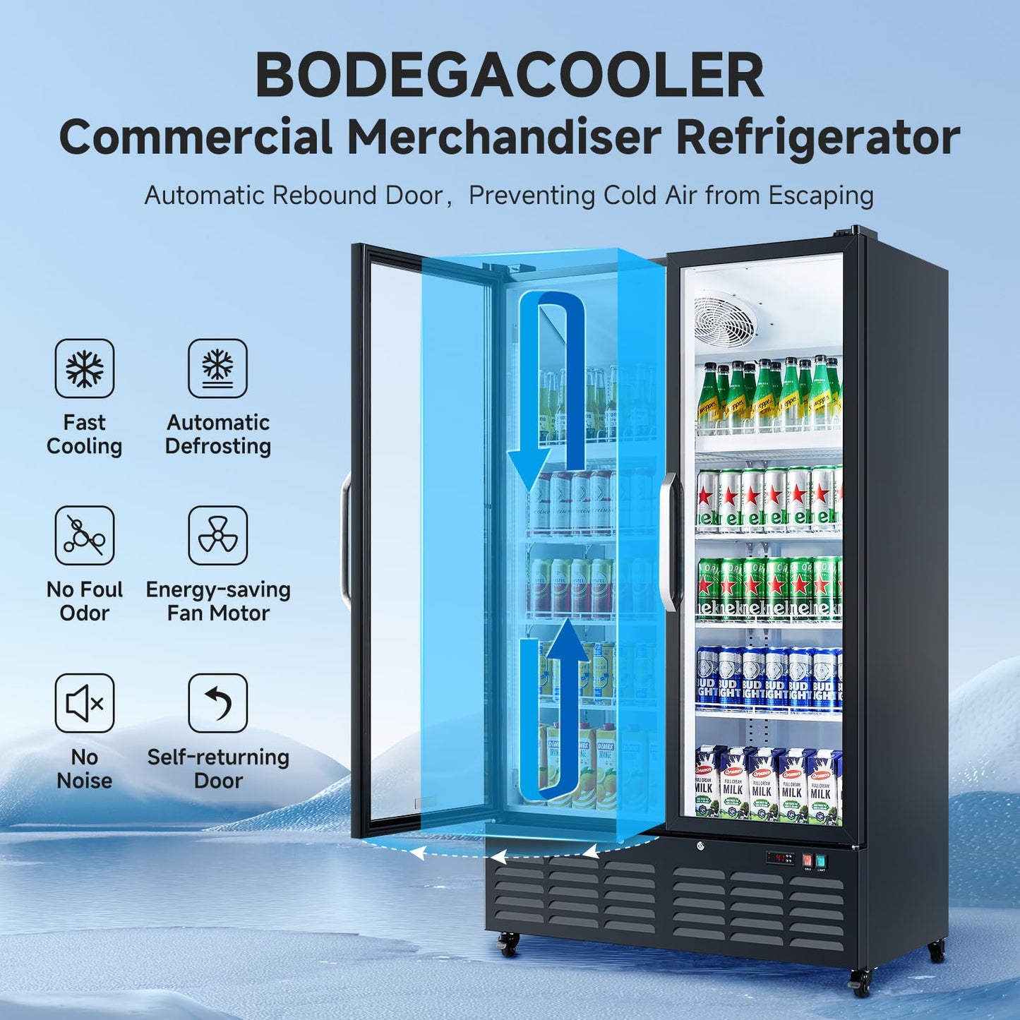 BODEGACOOLER Commercial Merchandiser Refrigerator, 27.02 Cu.Ft Double Glass Door Beverage Cooler, Upright Display Refrigerator with Soft LED Light, Adjustable Shelves, 4 Heavy-Duty Casters, Black