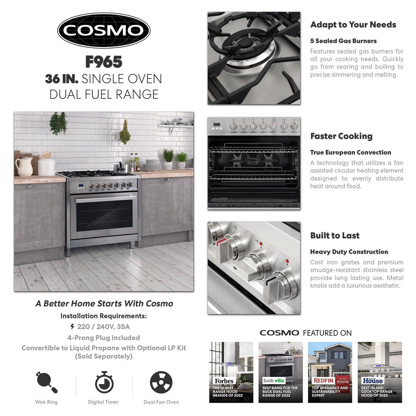 COSMO F965 36 in. Stellar Collection 4.4 cu. ft. Dual Fuel Range, 5 Sealed Burners, 8 Function Convection Oven in Stainless Steel