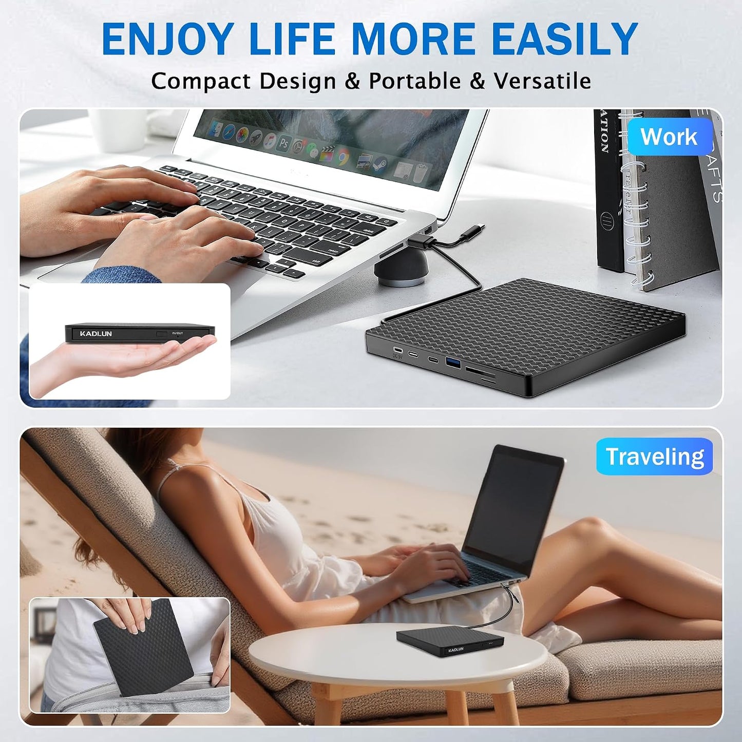 Kadlun 3.0 Drive,4 2 11/10/8/7/XP External CD DVD Drive for Laptop, USB Optical Disc USB Ports and TF/SD Card