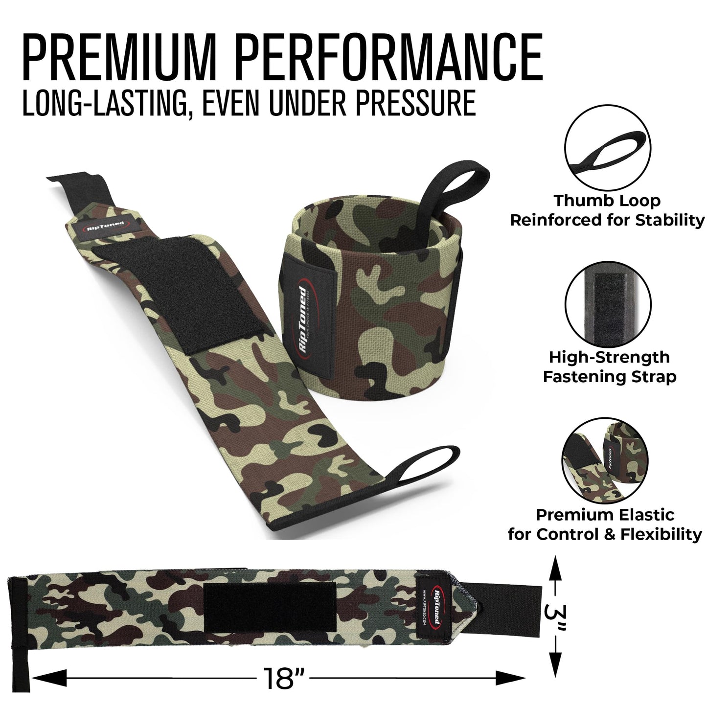 Rip Toned Wrist Wraps for Weightlifting – USPA & USAPL Approved 18" Wrist Straps for Powerlifting – Adjustable, Durable Gym Wraps with Thumb Loop – Maximum Support for Men & Women – Green Camo Stiff