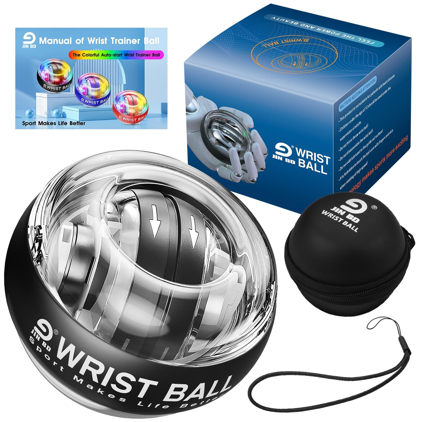 JIN BD Wrist Trainer Ball Auto-Start Gyroscopic Forearm Exerciser Gyro Ball for Strengthen Arms, Fingers, Grip and Muscles Black （No Light）