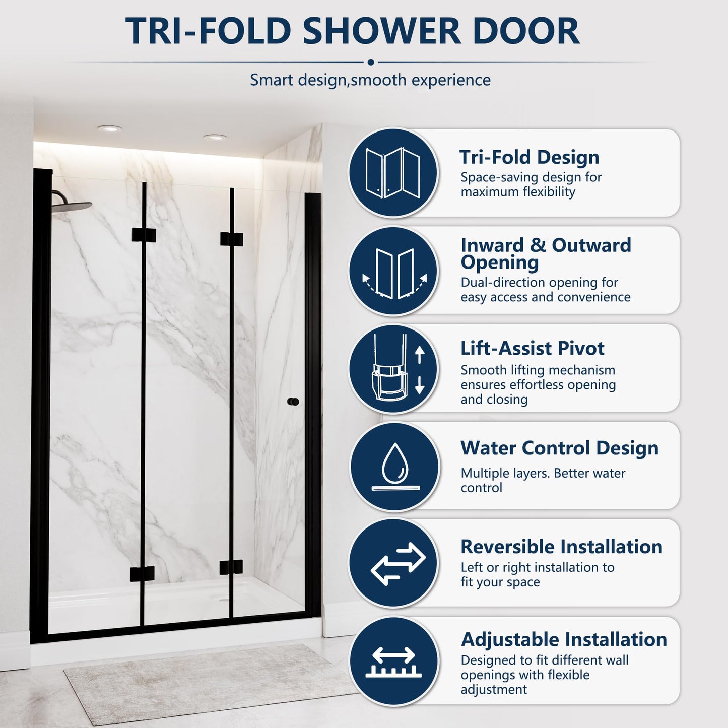 ComfyStyle Tri-Fold Frameless Shower Door 46-1/4''-48'' W x 72" H, Dual 180° Inward & Outward Tri-Fold Opening, 3-Panel Folding Shower Glass Door with 1/4" Clear SGCC Tempered Glass, Matte Black