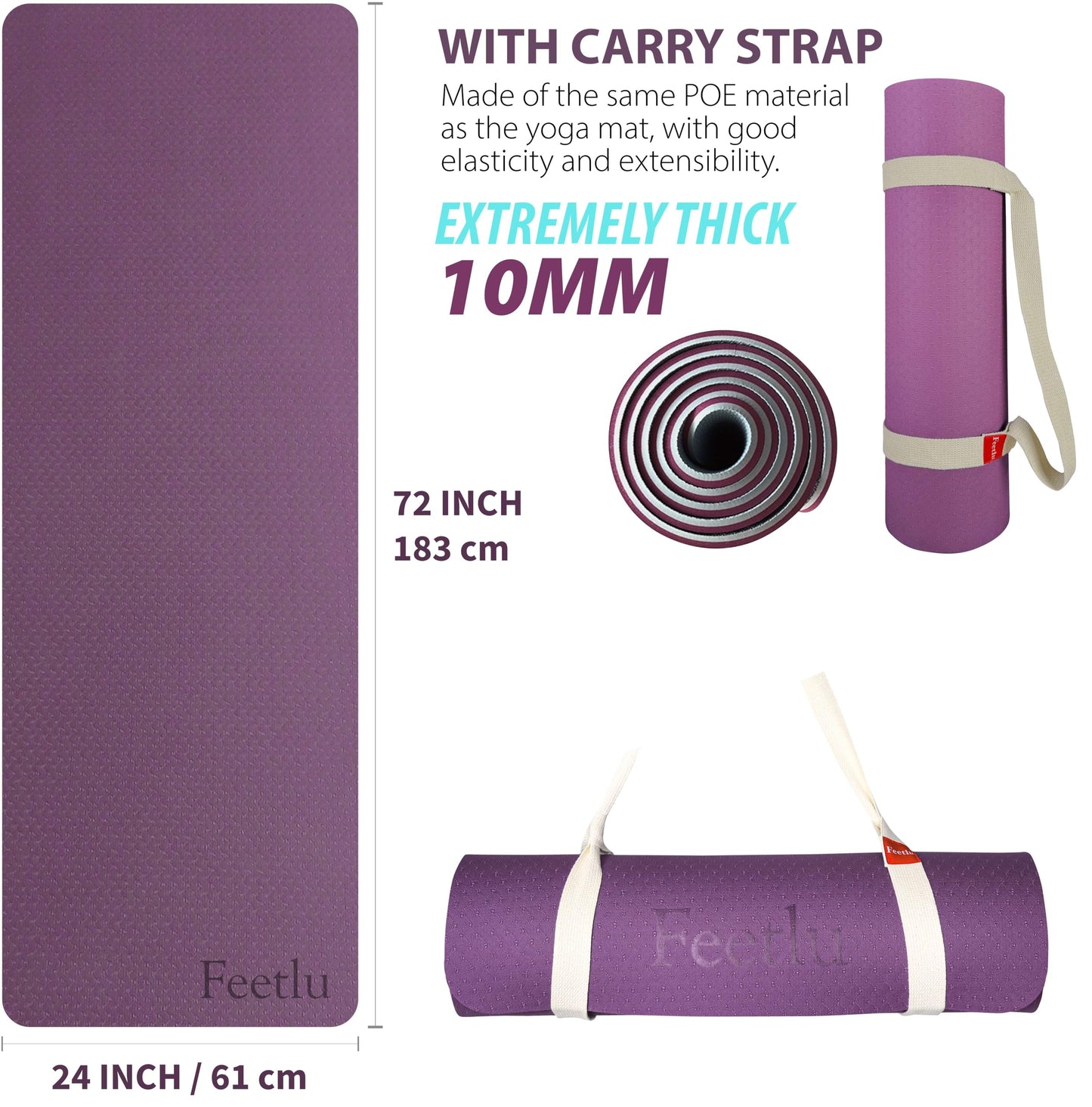 Feetlu Extra Thick Exercise Yoga Mat with Strap - 2/5 Inch (10MM), Non-Slip Workout Mat for Yoga, Pilates, and Floor Exercises(Dark Purple & Blue Gray)