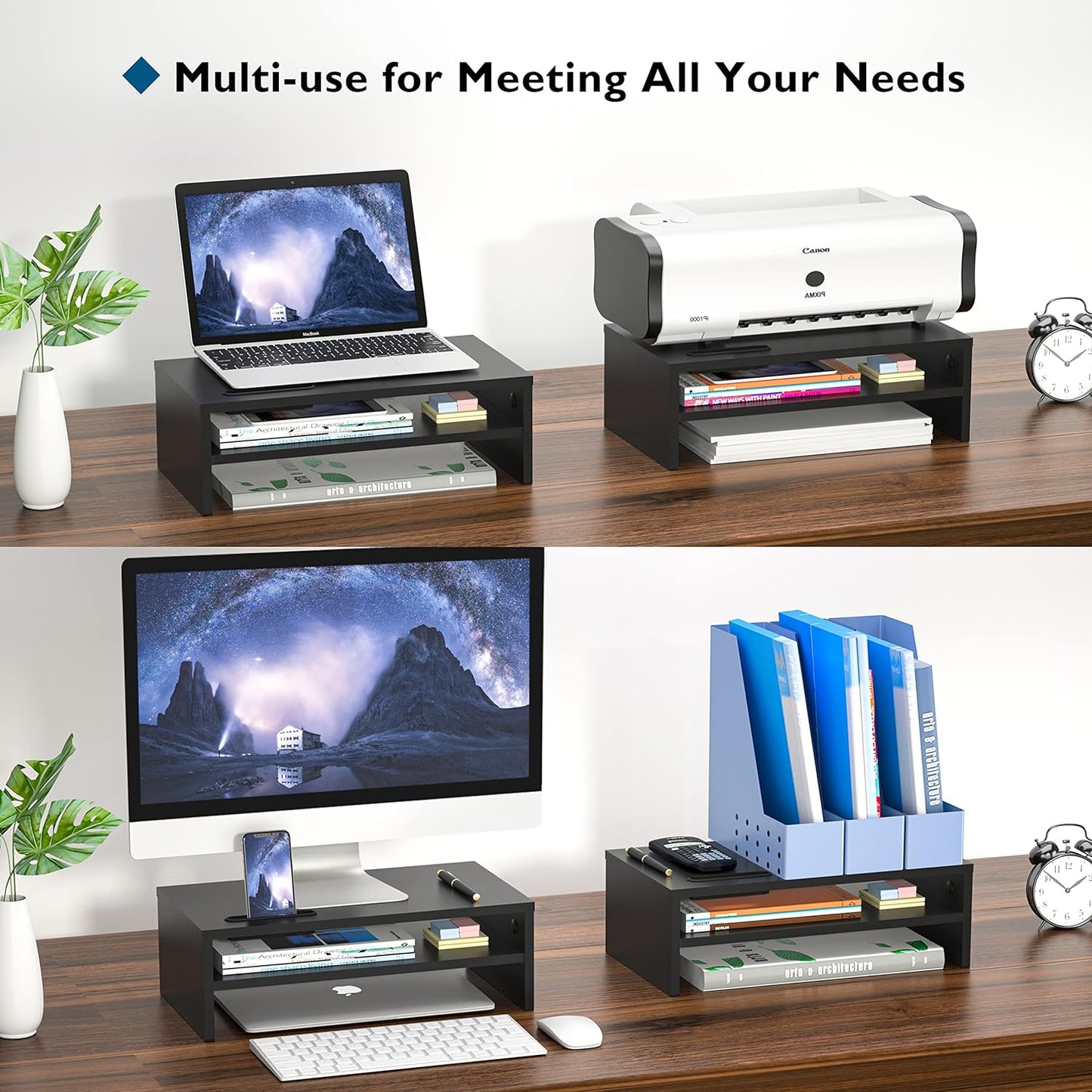 2-Tier 16.5 Inch BONTEC Wooden Monitor Stand Riser, Desk Shelf with Storage Organizer, Ergonomic Computer Stand