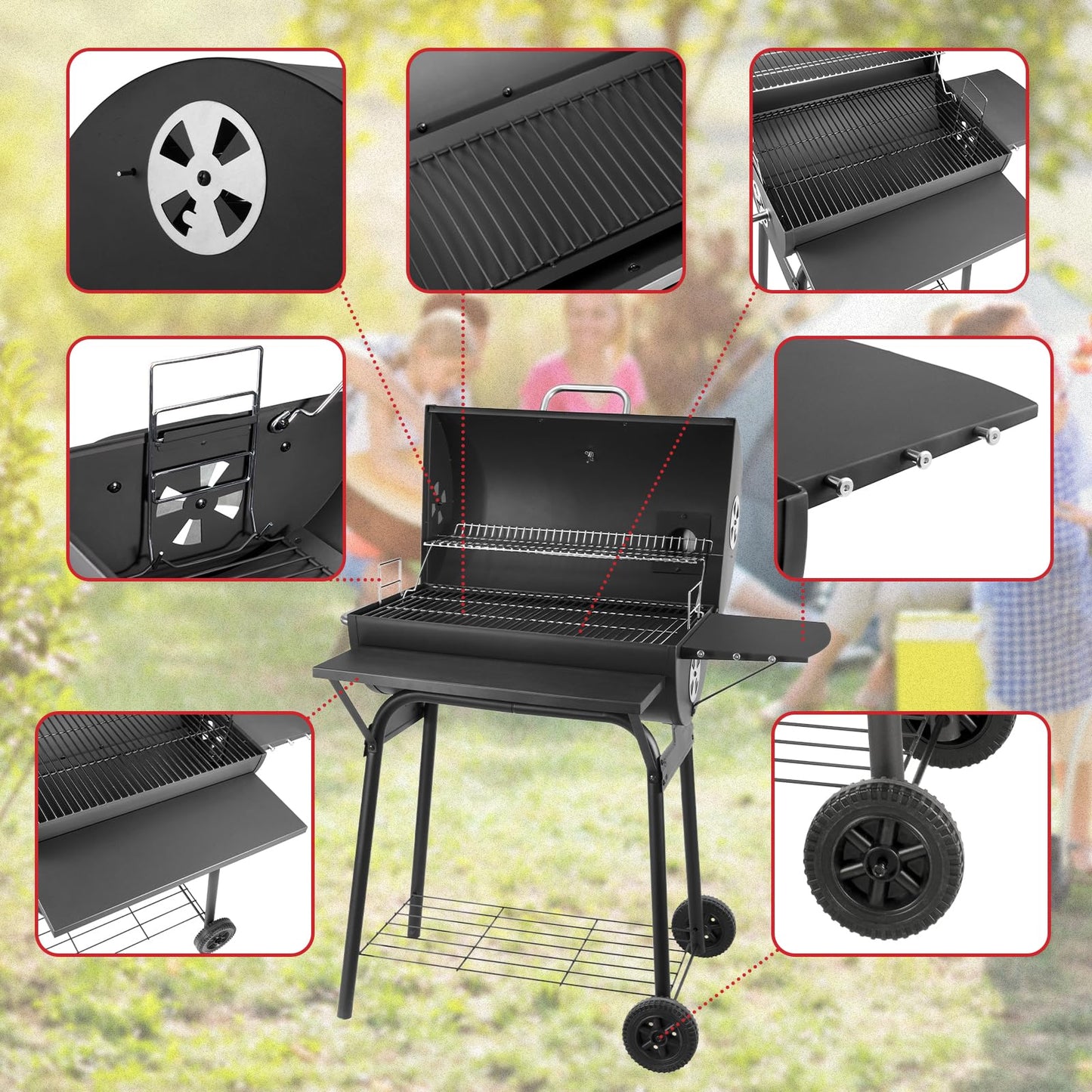 Kendane Barrel Charcoal Grill, Large Charcoal Grills with Front and Side Shelf, 627 Square Inches Cooking Grid, Outdoor BBQ Grill, Perfect for Backyard Camping, Patio Parties, and Picnics