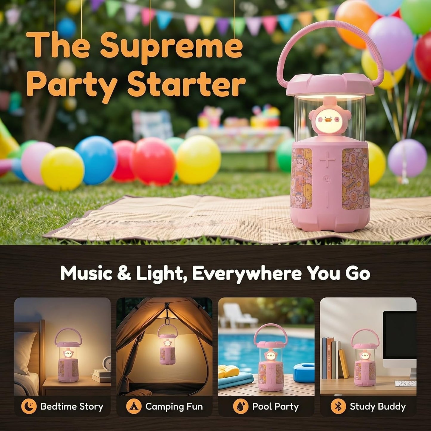 wocdwocd 45mm 16W, 3600mAh 20H IP45 Cute Cartoon Bluetooth Speaker with LED Night Light, Dual Stereo Rechargeable, Long