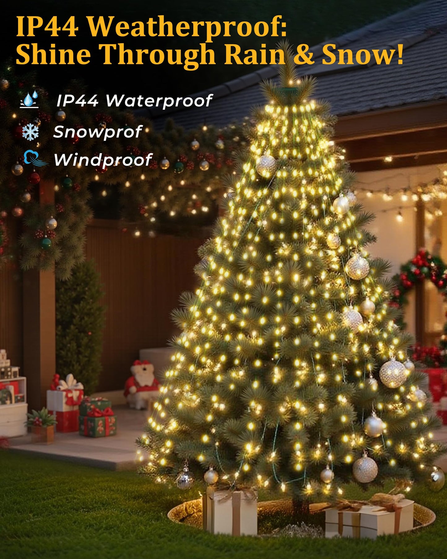 Tomanwai Christmas Tree Lights, 400 LED Christmas Lights with 8 Light Modes & Memory Function, 6.6FT x 16 Lines Outdoor Christmas Light with Timing Function for Christmas Decorations - Warm White