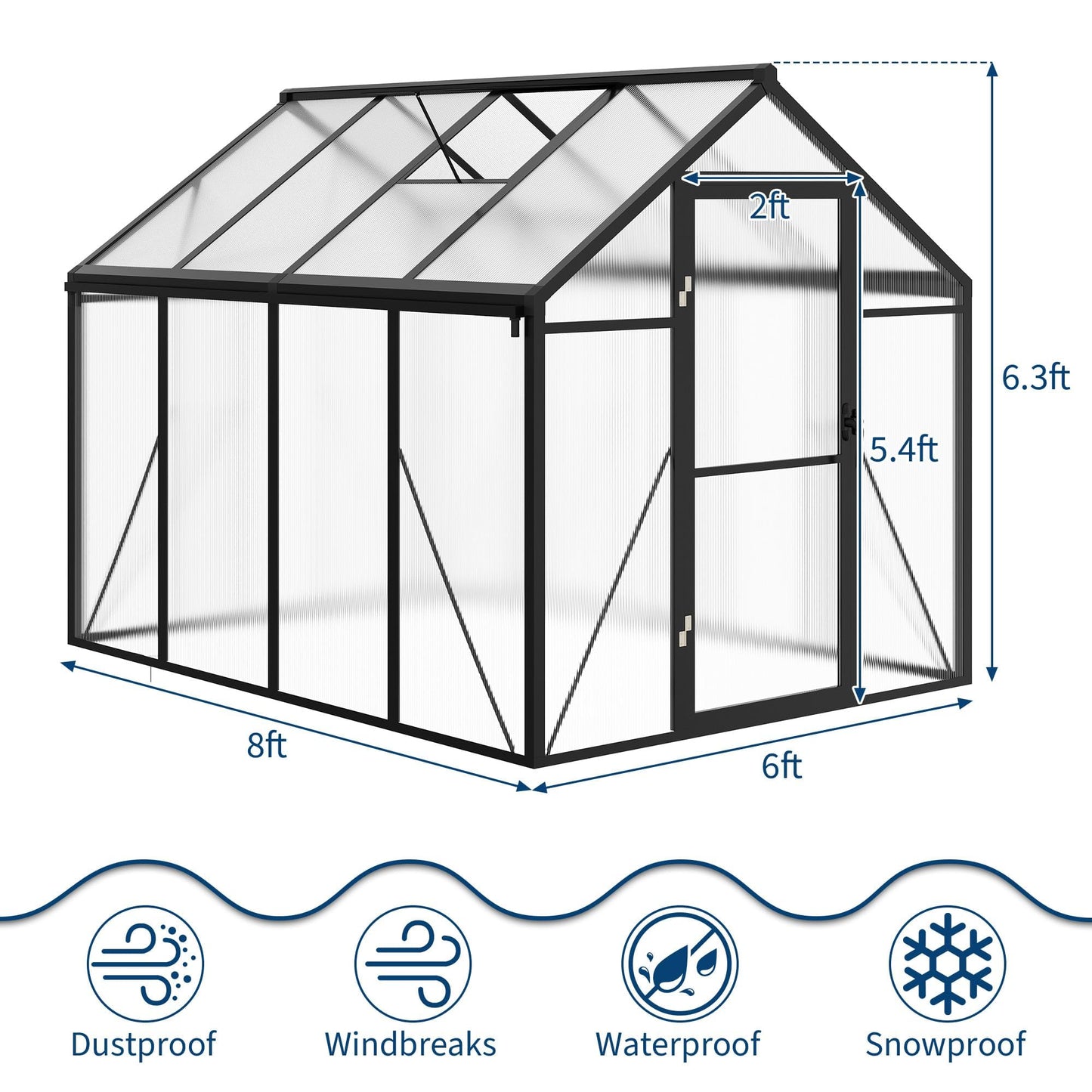 GarveeLife 6x8 FT Greenhouse for Outdoors, Polycarbonate Greenhouse with Roof Vent, Ground Nails, Lockable Push Door, Aluminum Large Walk-in Green House for Outside Garden Backyard, Patio, Lawn, Black