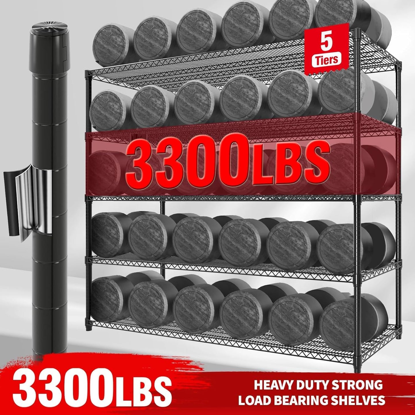 Garvee Storage Shelves, 5 Tier Metal Shelving Units with Wheels, 82" H x 59" W x 23.6" D, 3300 LBS Heavy Duty Wire Shelving Rolling Rack for Garage Kitchen Home Basement, Adjustable, Black