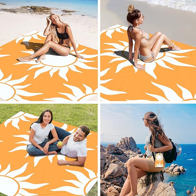Large Beach Blanket Waterproof Sandproof, 9×10 FT Beach Mat Sand Free for 2-8 Adult with Stakes and Sand Pocket, Foldable Picnic Blankets for Outdoor, Camping Hiking, Vacation Essentials-Boho Sun Rise