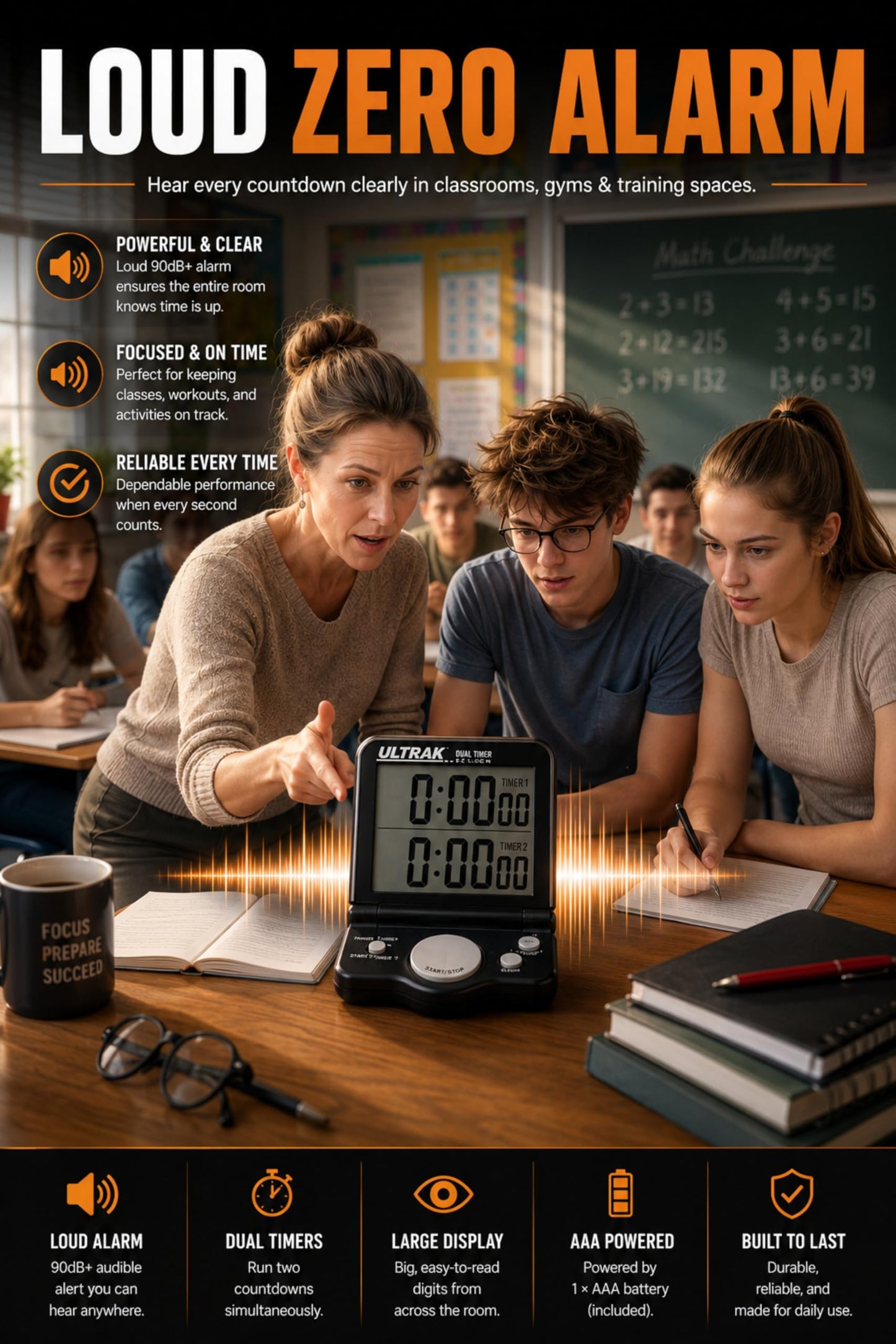 ULTRAK T-4 Jumbo Dual Timer – Large 1” Display Countdown & Count Up Timer, 24 Hour Range, Loud Alarm, Dual Memory, Wall Mount or Tabletop for Classroom, Gym, Office & Meetings