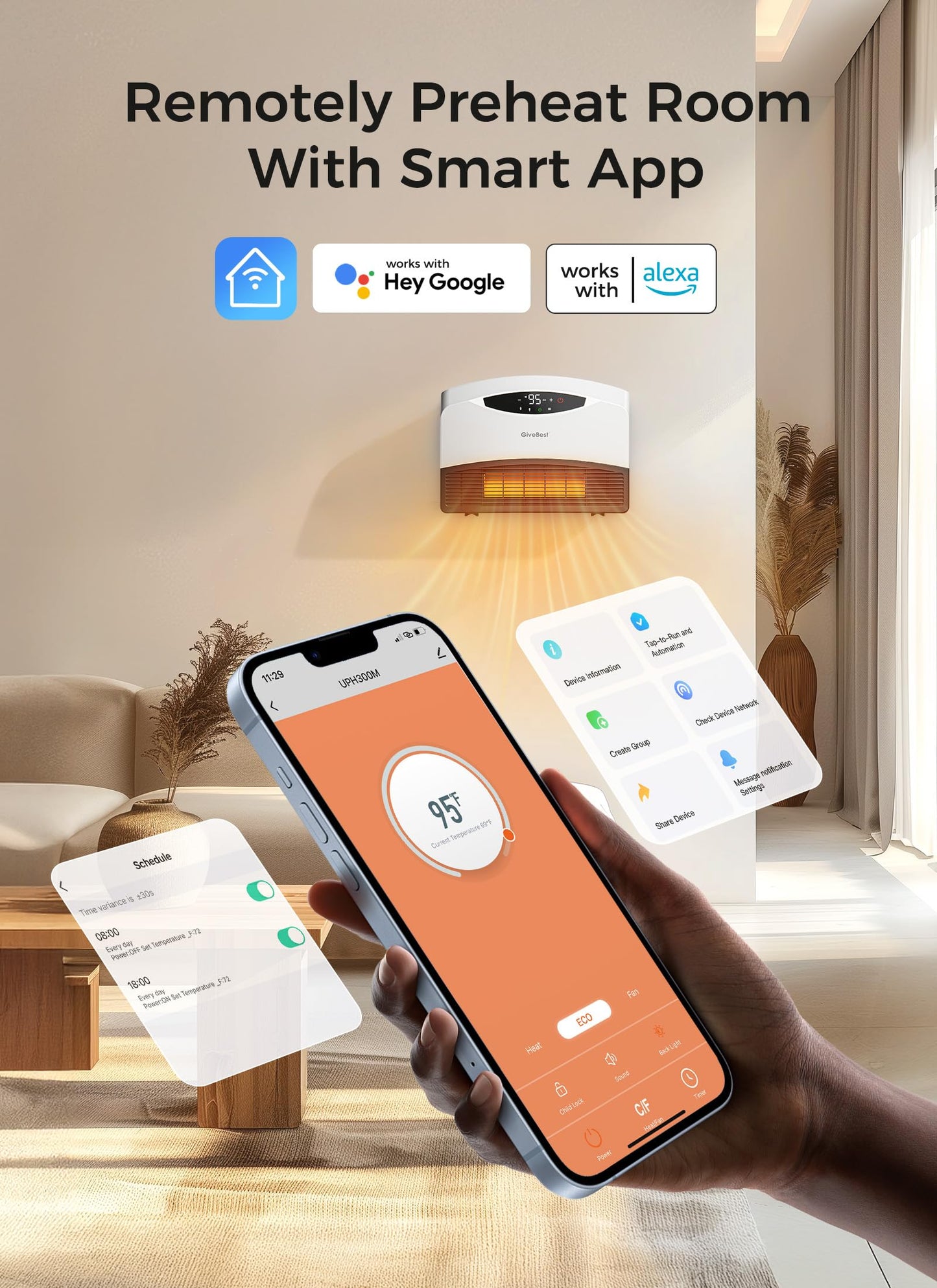 GiveBest Electric Wall Heater with WiFi and Remote Control, Floor or Wall Mounted Heater, Large Room Coverage, 3 Heating Modes, 1500W Fast Heating Space with Thermostat for Indoor Room Use, White