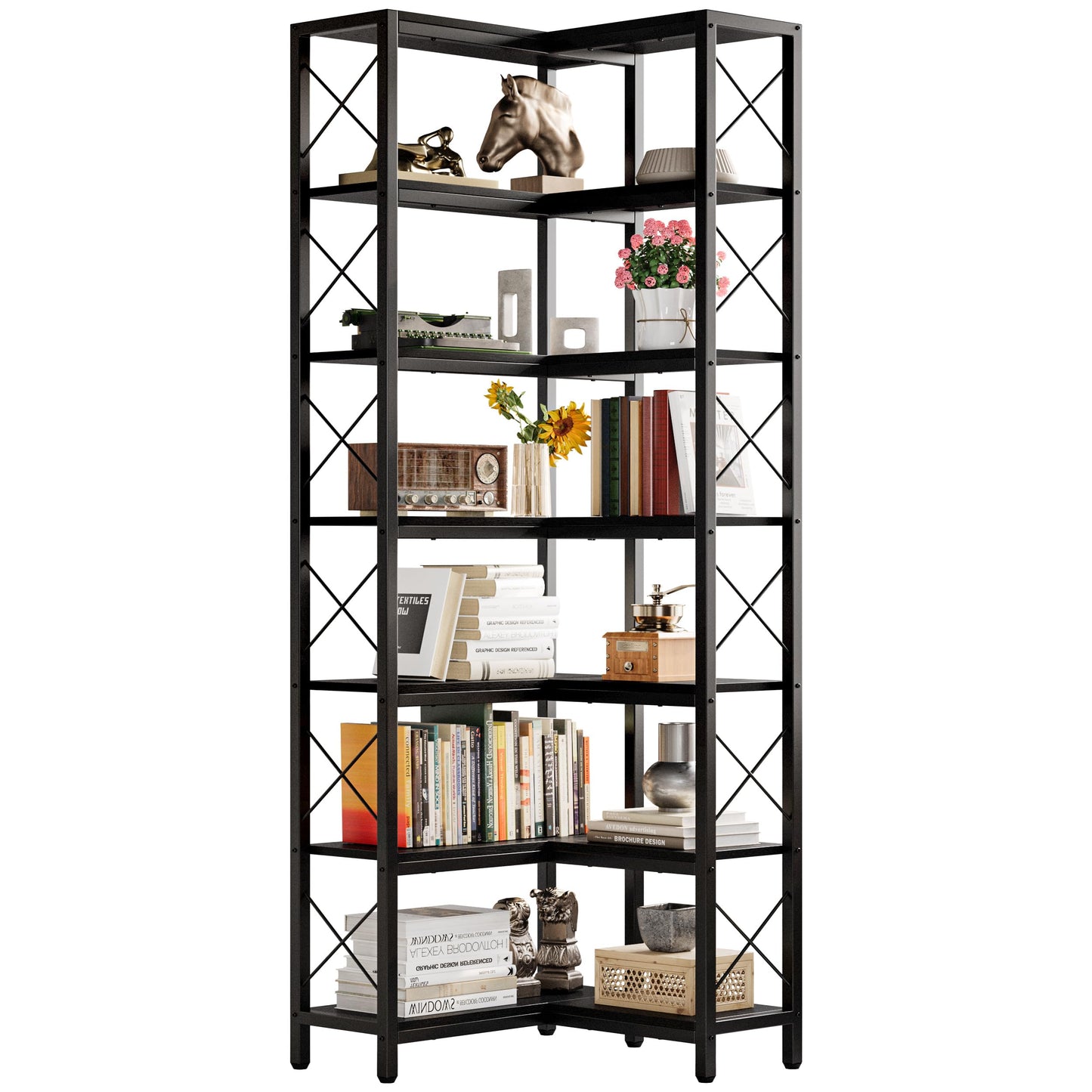IRONCK Corner Bookshelf, 7-Tier Industrial Corner Bookcase, Tall Corner Shelf Storage Display Rack with Metal Frame for Living Room Home Office, Black