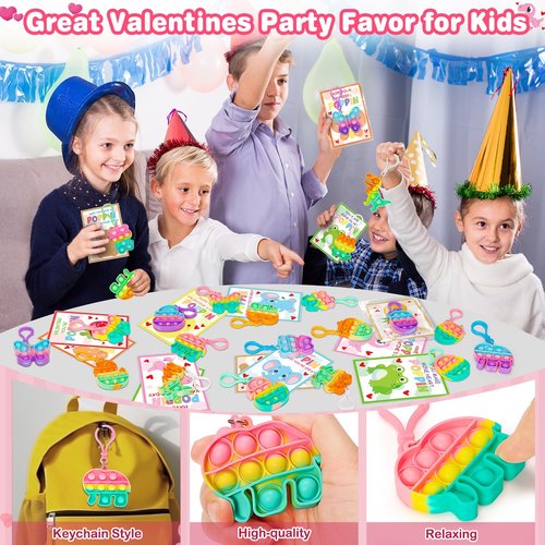 Jyusmile Valentines Day Cards for Kids School - 24 Pack Assorted Pop Fidget Keychains Bulk, Valentine's Day Gifts for Kids Classroom Exchange, Valentine Cards Party Favors for Boys Girls
