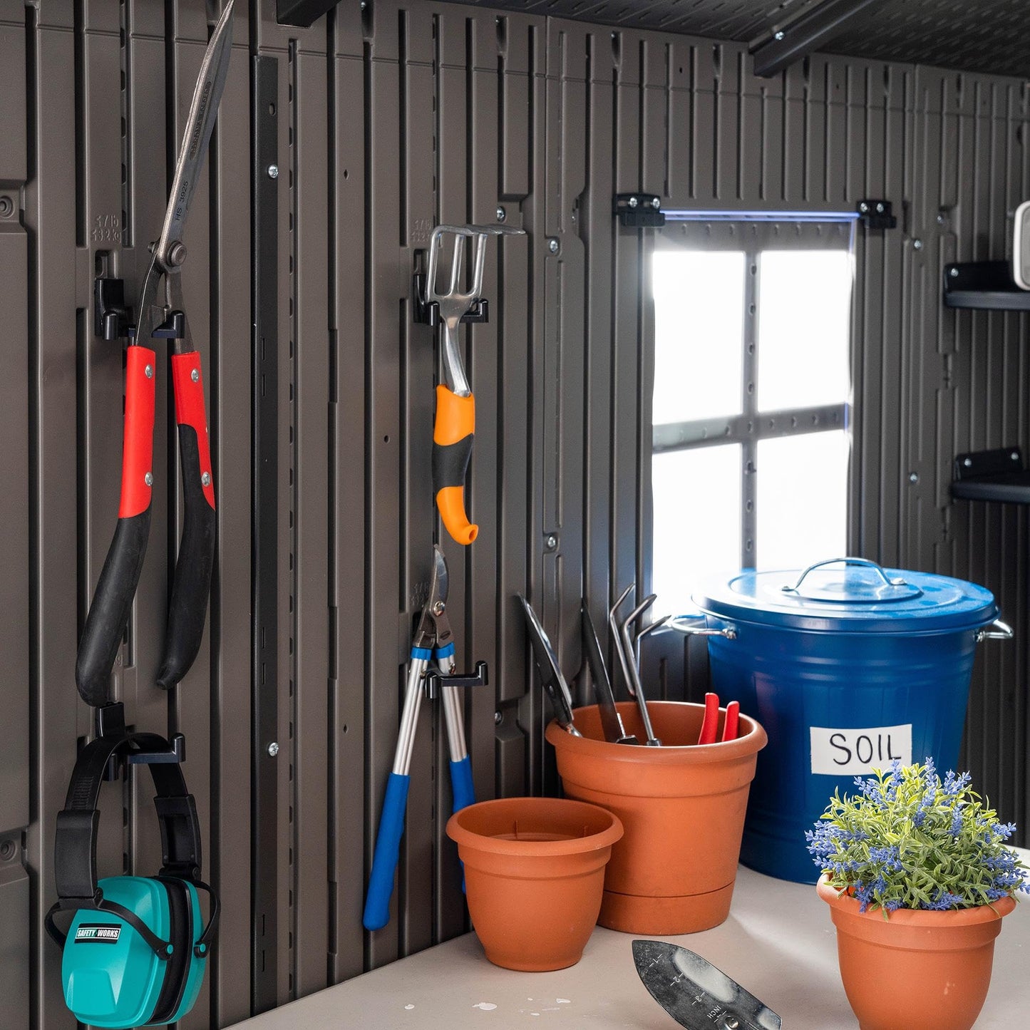 Lifetime 20x8 Ft Outdoor Storage Shed, Gray HDPE Construction, Steel-Reinforced Walls, Dual-Entry Design with Lockable Doors, Skylights, Adjustable Shelving System, Snow Load Kit Included