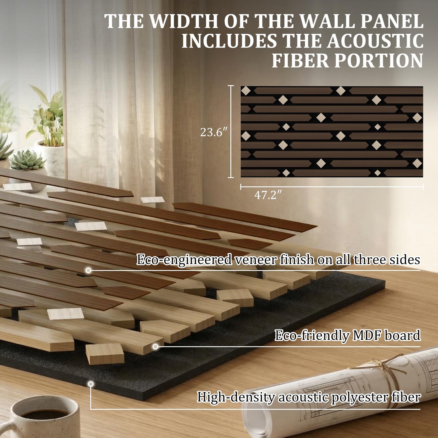 PVC Acoustic Wall Panels, Geometric Sound-Reducing Panels with Built-in Acoustic Layer, 23.6 × 47.2 Inches, 4 Panels per Box, Modern Decorative Wall Panels (Grey) (Walnut)