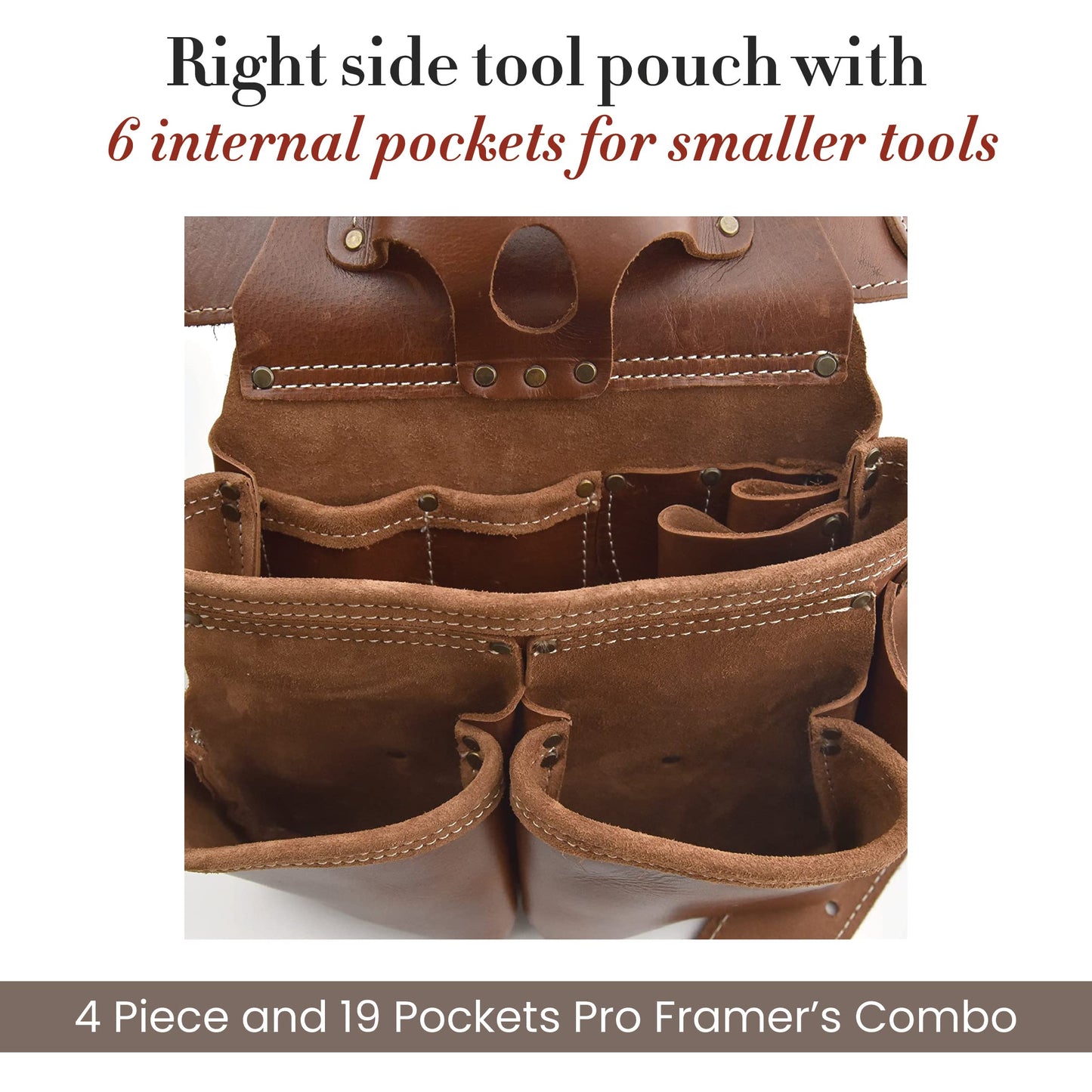 Style n Craft - 4 Piece and 19 Pockets Pro Framer’s Combo, Tool Belt with 2 Tool Pouches and 1 Pliers and Hammer Holder, Full-Grain Leather Carpenter Tool Belt Combo, Dark Tan (98444)