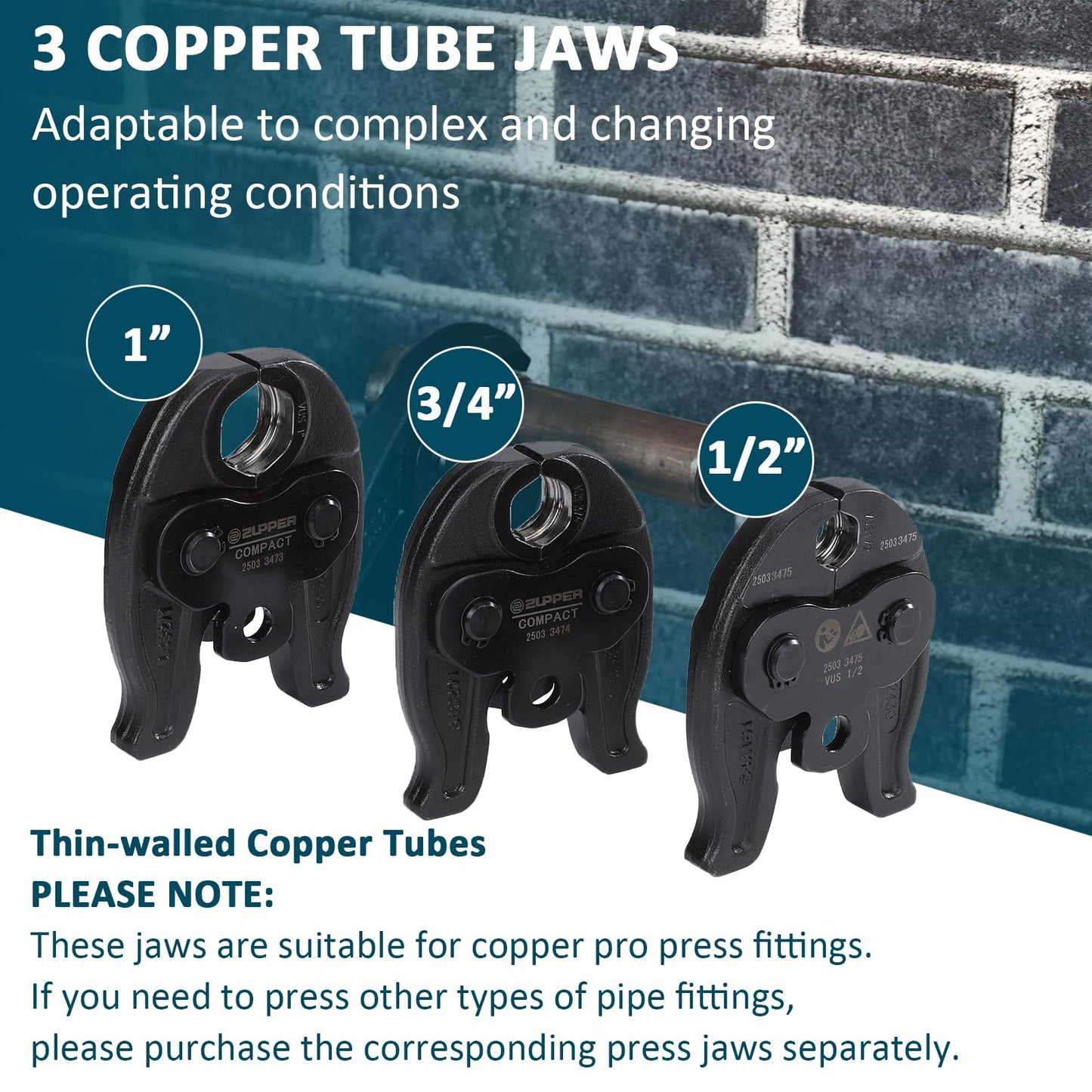 ZUPPER Press Tool, 18V Electric Copper Pipe Crimping Tool with 3 Press Jaws 1/2” 3/4” 1”,Brushless Motor,2pcs 2Ah Battery Fast Charger & Carrying Case