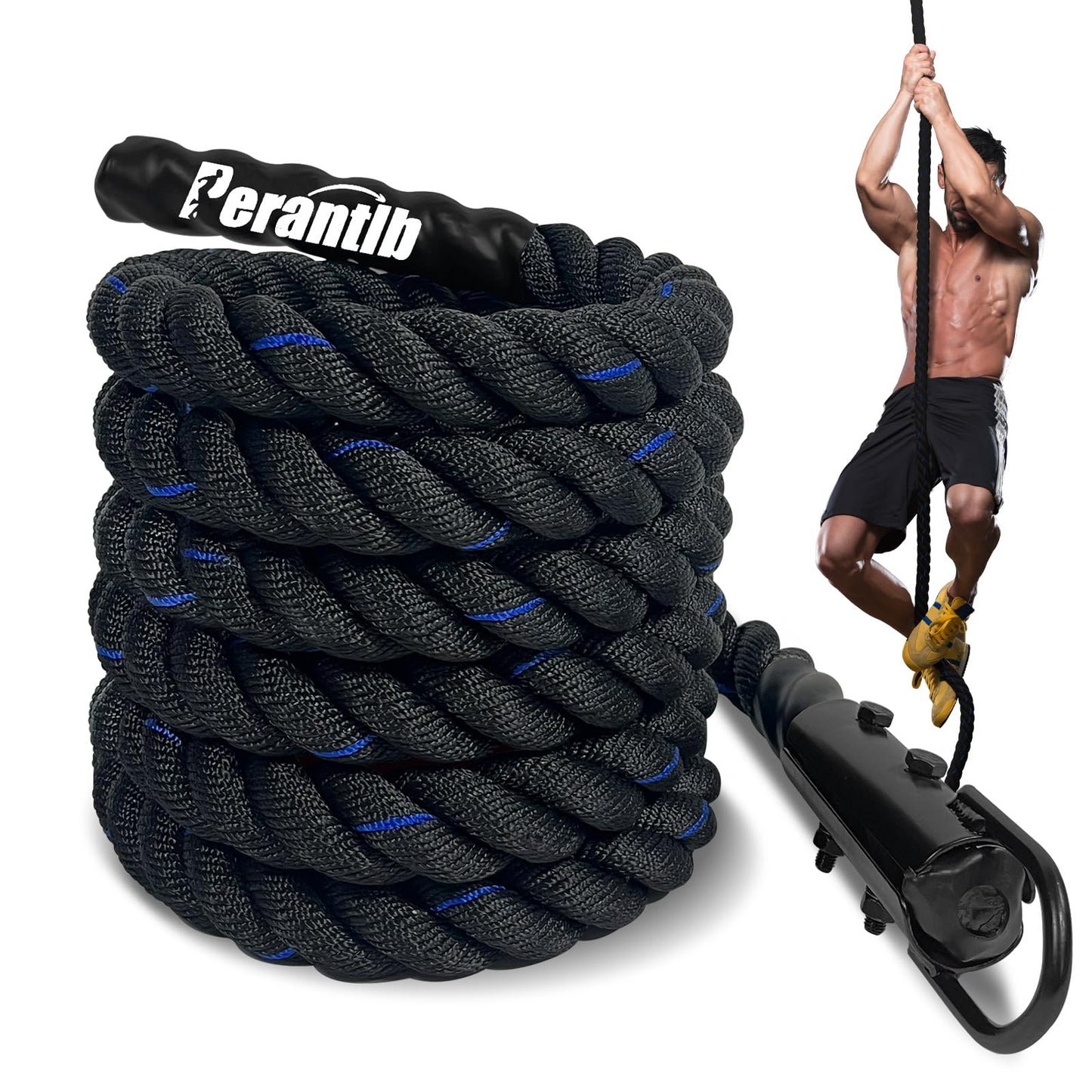 100% Polyester Climbing Rope with Hooks - Heavy Duty 1000LBS Load Capacity, 1.5inch Diameter, 10,15,20,25,30,50ft Length for Outdoor Rock Climbing, Rescue & Escape (20ft)