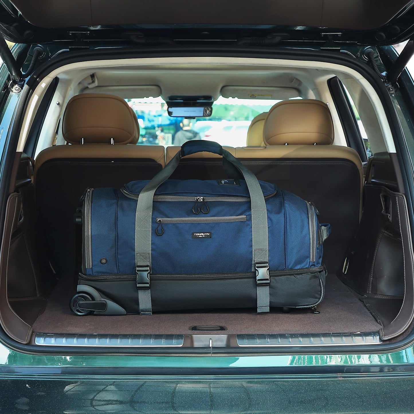 TONRUYN 100L Large Rolling Duffle Bag with Wheels and Handle, 29inch 2-Wheeled Travel Duffel Luggage with Rollers, Rolling Gym Bag with Shoe Compartment & Wet Pocket, Double-layer Space, Blue