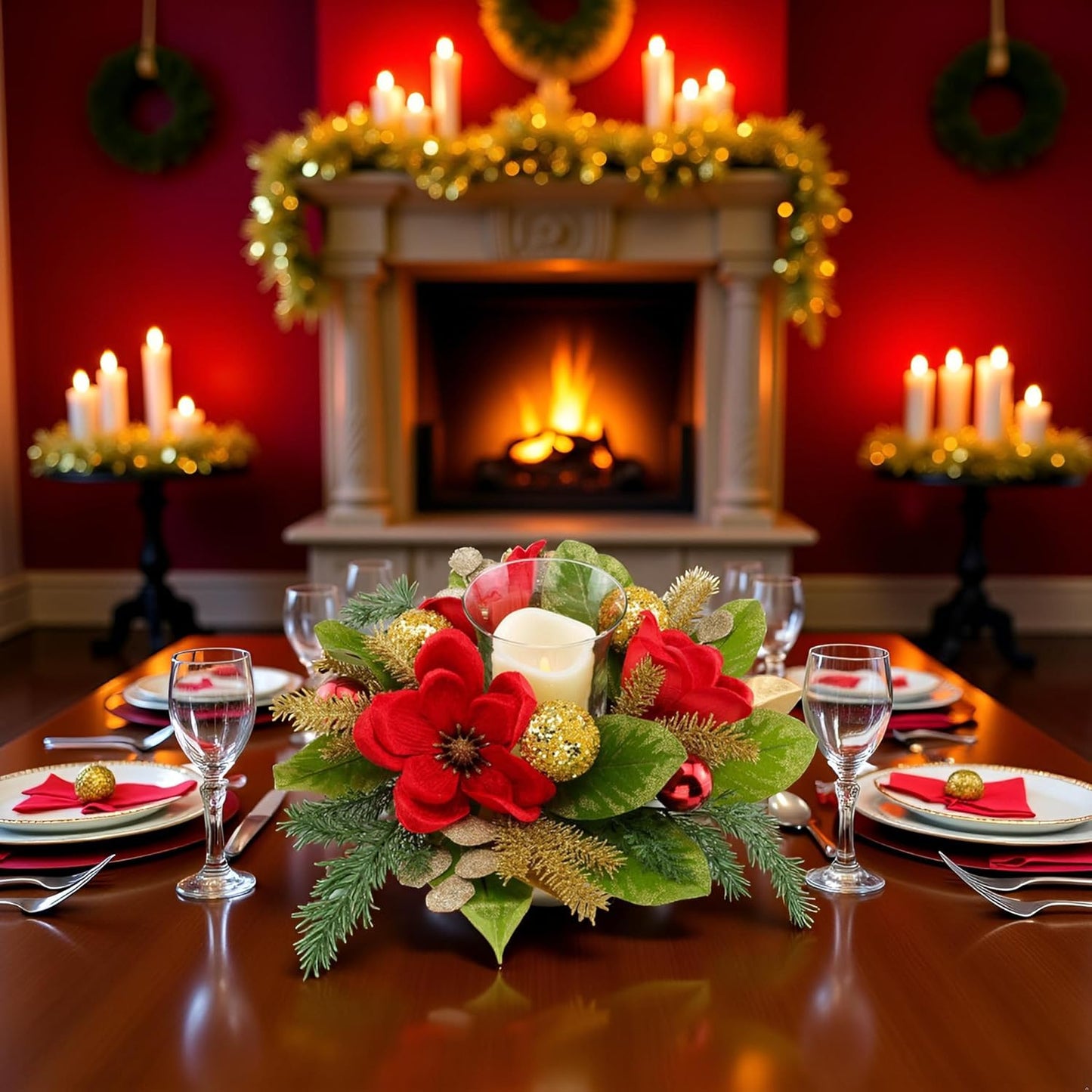 Skiennix 18" Centerpiece - Flameless LED Candle Holder with Red Magnolia & Gold Baubles for Holiday Decor
