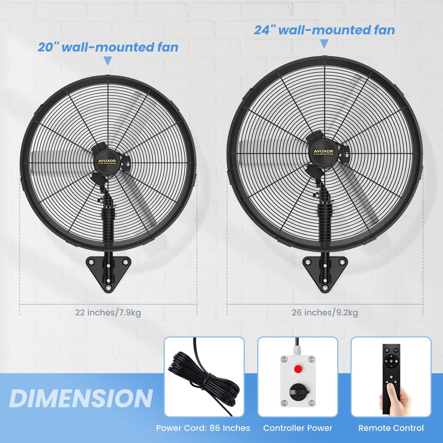 AVUXOR 24'' Remote Control Outdoor Wall Mount Fan, 4 Speed Oscillating Wall Fan with All Sealed Brushless DC Motor, Heavy Duty Industrial Fans, Waterproof Fans for House, Garage, Warehouse, Factory