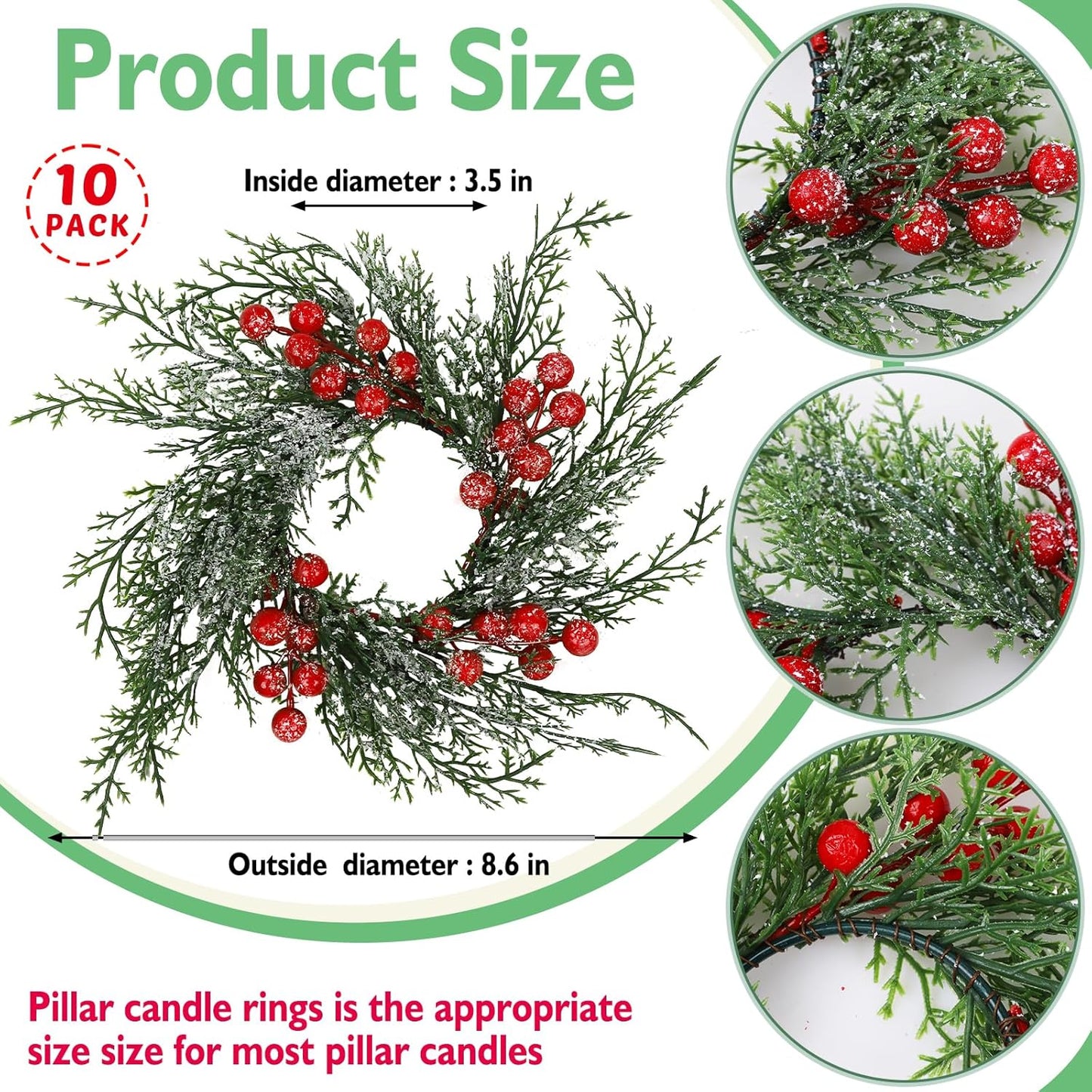 Regine Switzerland Christmas Candle Rings - 10 Pcs Artificial Wreaths with Red Berries & Snowy Pine | Festive Table Centerpiece