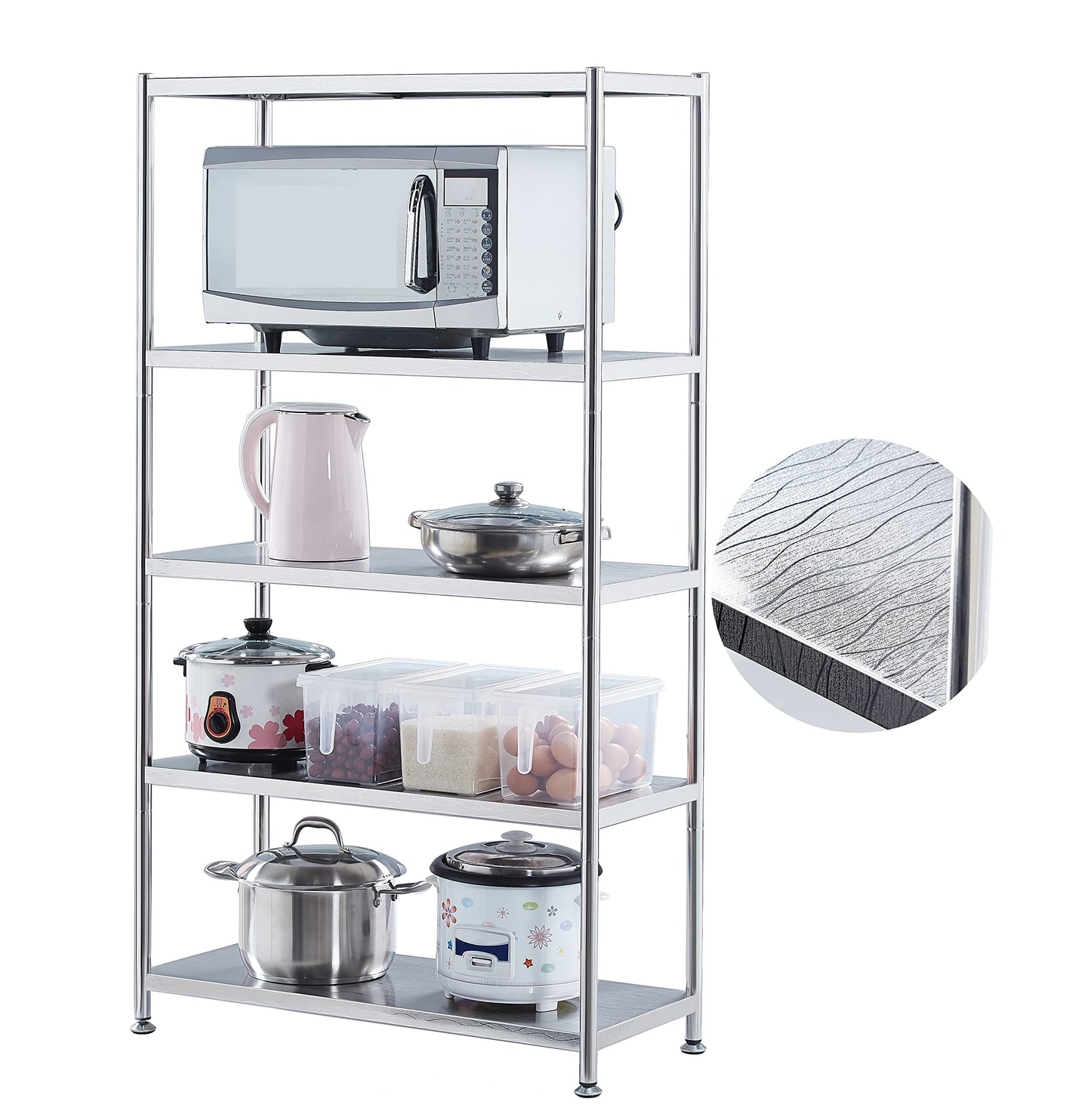 susunnus Stainless Steel Shelves 23.6in-5 Tier, Stainless Steel Shelf Organizer, Kitchen Storage Shelves,Artistic Texture, Pragmatic & Sturdy & Waterproof