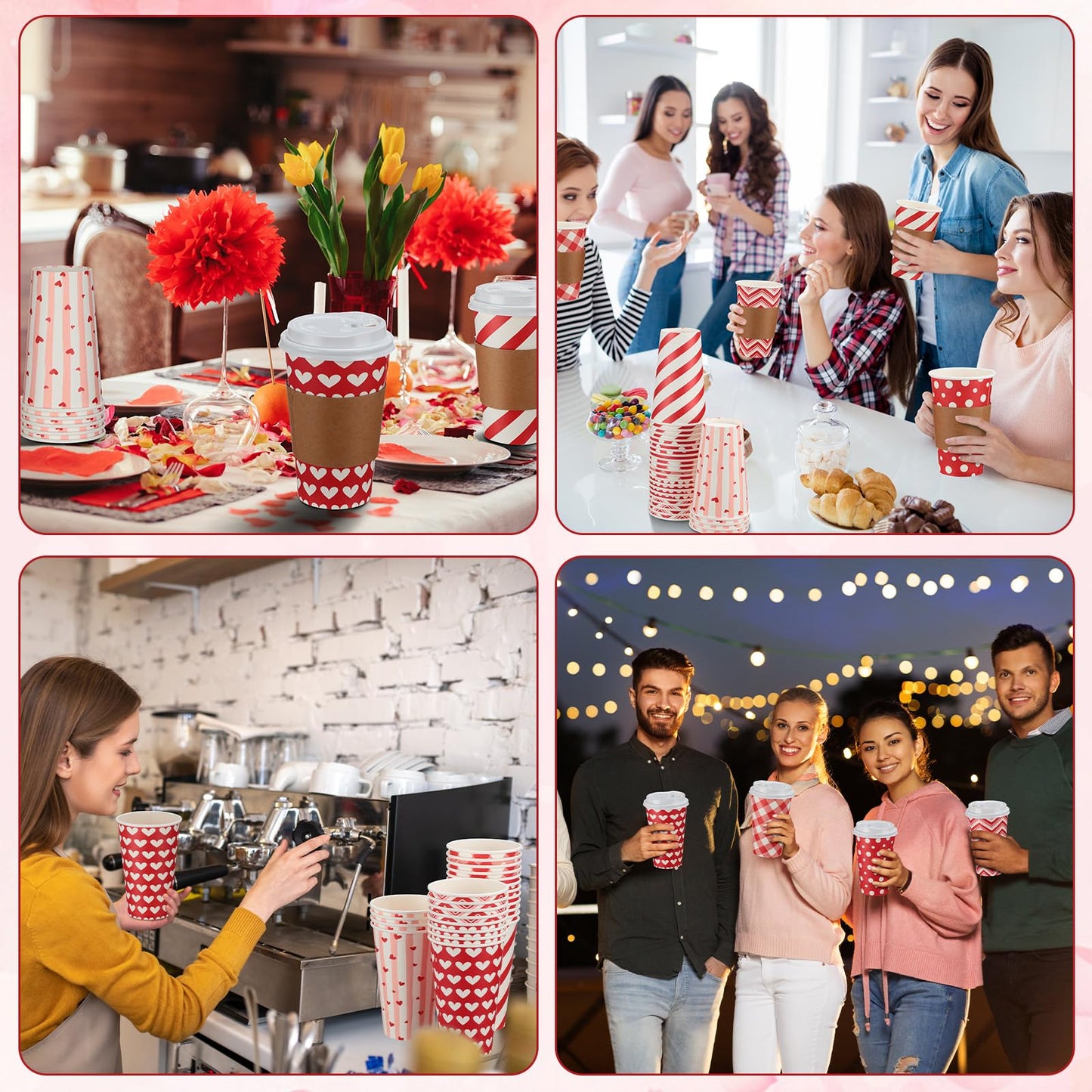 Sosation 180pcs/60 Set Valentine‘s Day Coffee Paper Cups with Lids and Sleeves 16 oz Disposable Hot Cocoa Cups Valentines Pink Paper Beverage Tumbler for Hot Chocolate Coffee Bar Accessories, 6 Styles