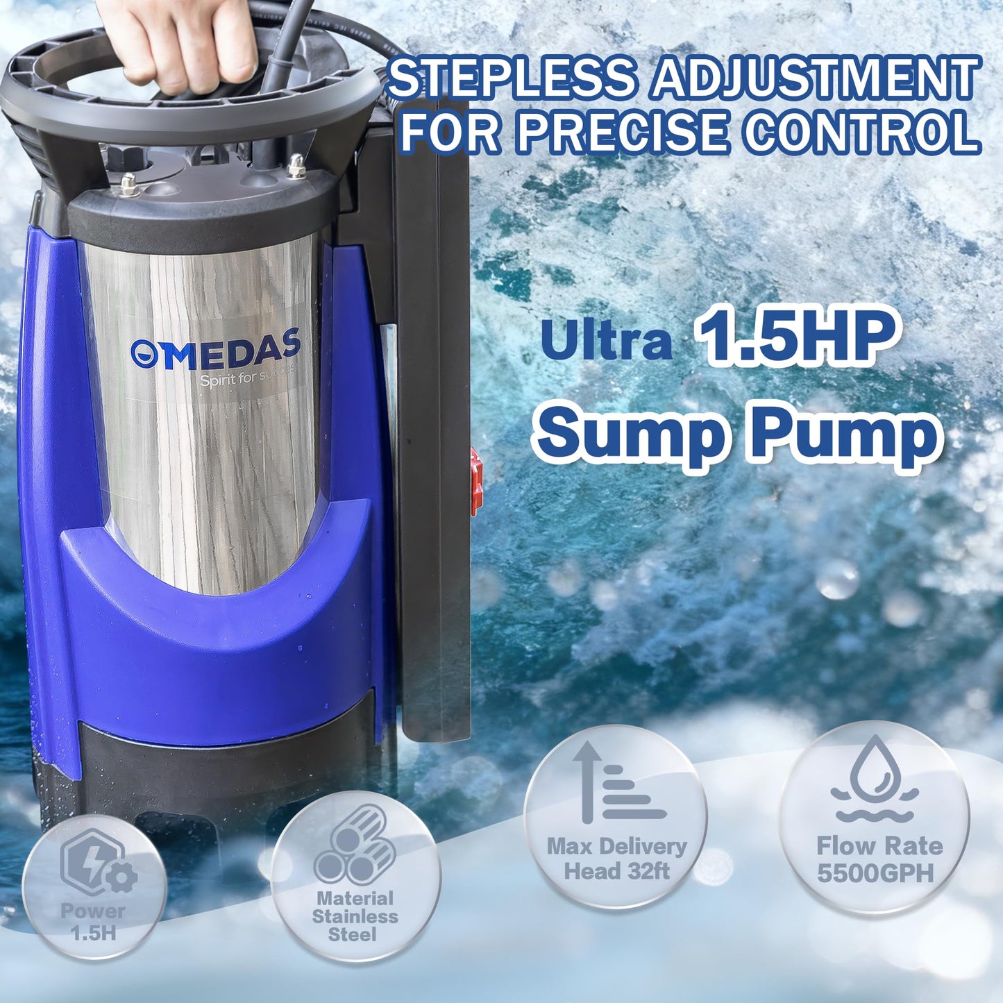 MEDAS Automatic Sump Pump,1.5HP 5500GPH Submersible Water Pump Portable Utility Pumps with Auto On/Off, Built-in Float for Swimming Pool Pond Hot Tub Rain Barrel Flooded House Basement