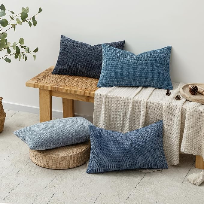 MIULEE Pack of 4 Couch Throw Pillow Covers 12x20 Inch Neutral Blue Soft Decorative Chenille Pillow Covers Farmhouse Accent Cushion Covers for Boho Western Spring Coastal Decor Sofa Bed Living Room