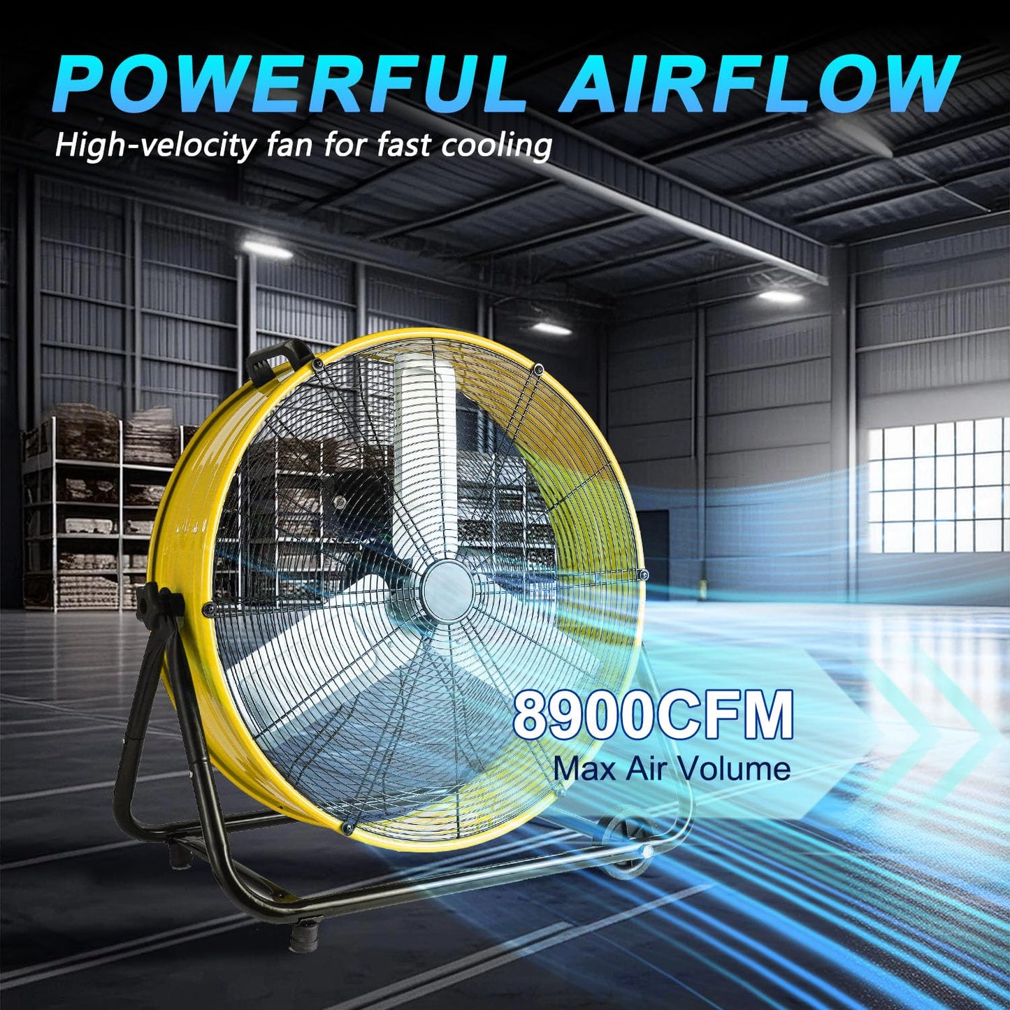 WARMLREC 24" Industrial Floor Fan, 8900 CFM High Velocity Drum Fan with 3 Speeds, Portable Heavy Duty Industrial Fan for Warehouse, Workshop, Factory, Commercial, Residential and Greenhouse Yellow
